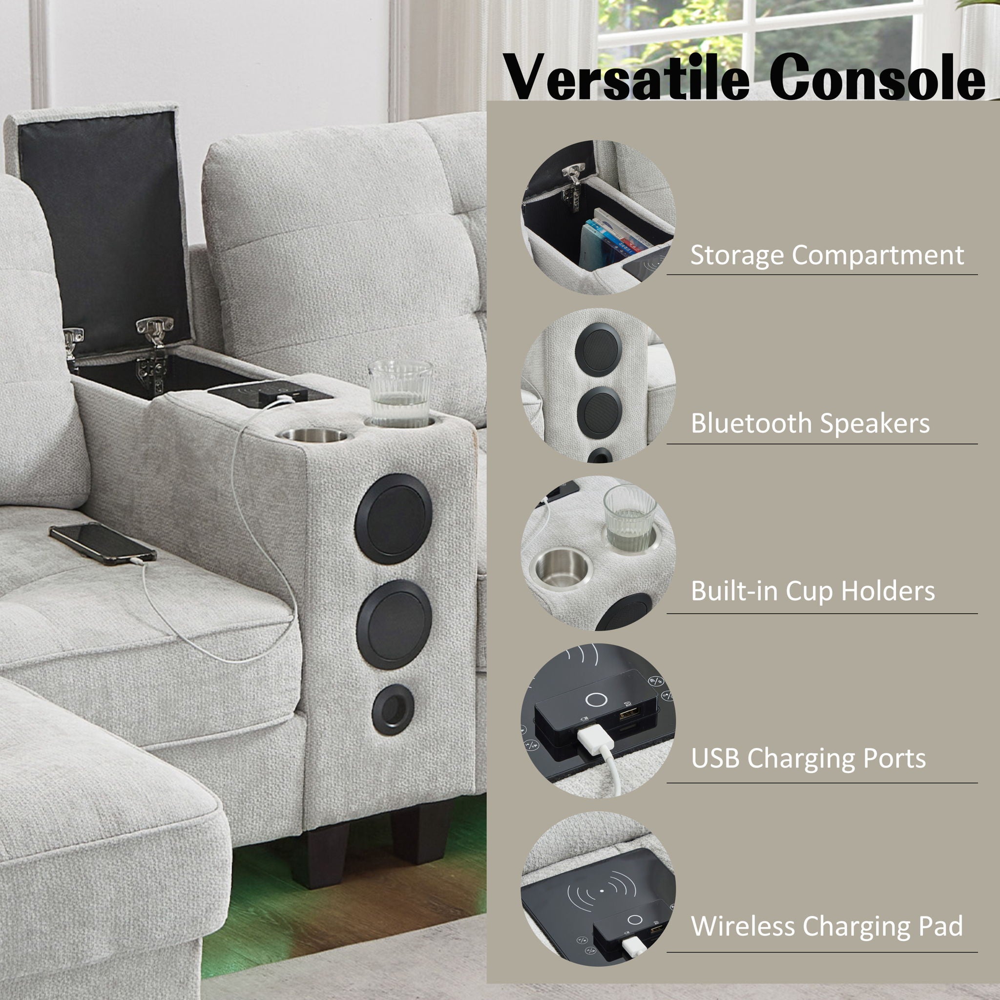Modern Sectional Sofa U-Shaped With Movable Ottomans, Bluetooth Speakers, LED Lights And Modular Storage