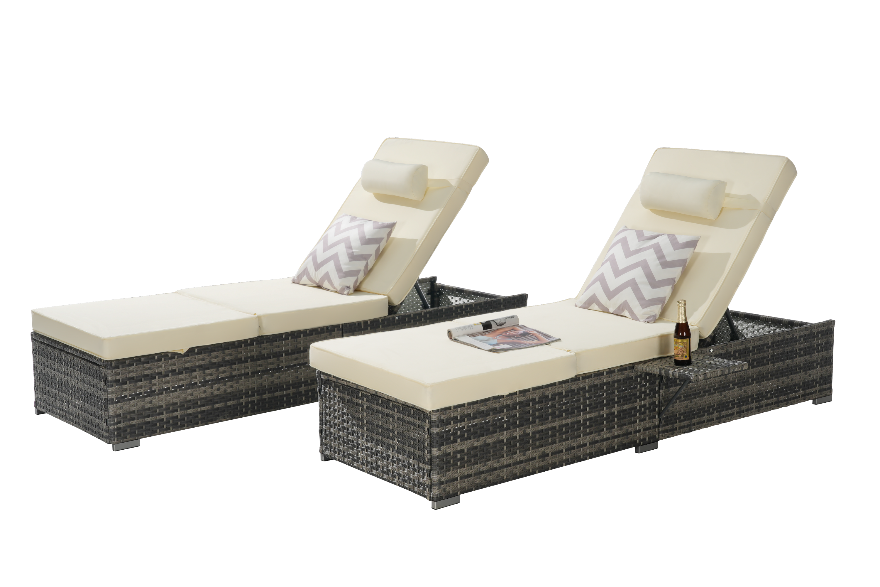 Outdoor Chaise Lounge Chair Set of 2 with Storage Patio Pool Chairs Tanning Lounges for Outside,Beach Rattan Recliners with Adjustable Backrest, Table, Cushion for Poolside Backyard Garden