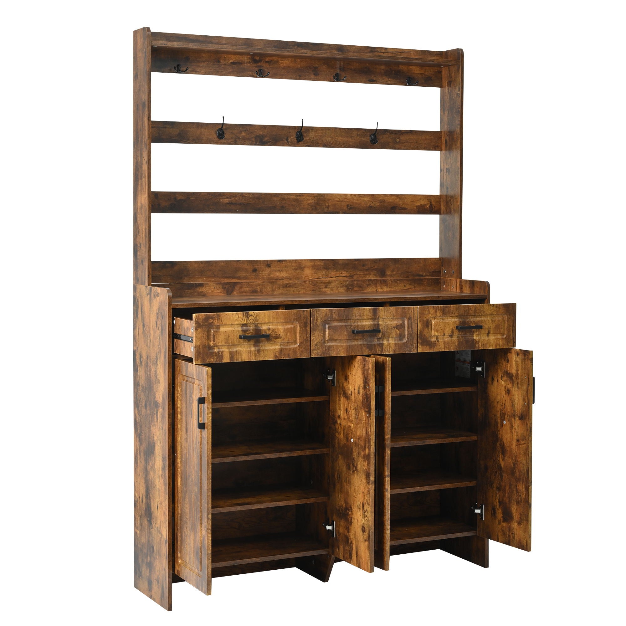 Minimalist 4 Door Shoe Cabinet With Coat Rack, 3 Drawers, 8 Shelves, Metal Hooks And Handles