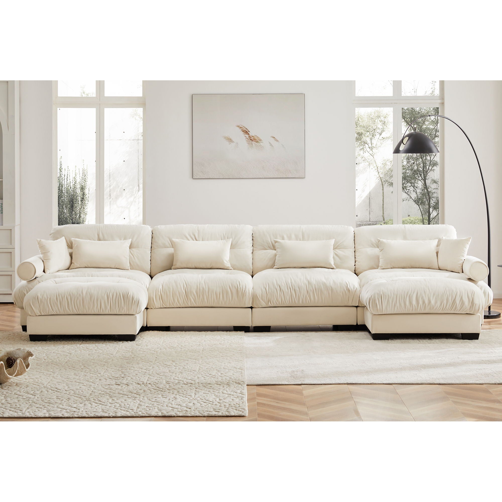 Modern Sectional Sofa With Ottoman, Round Bolster Armrests, Waist And Throw Pillows