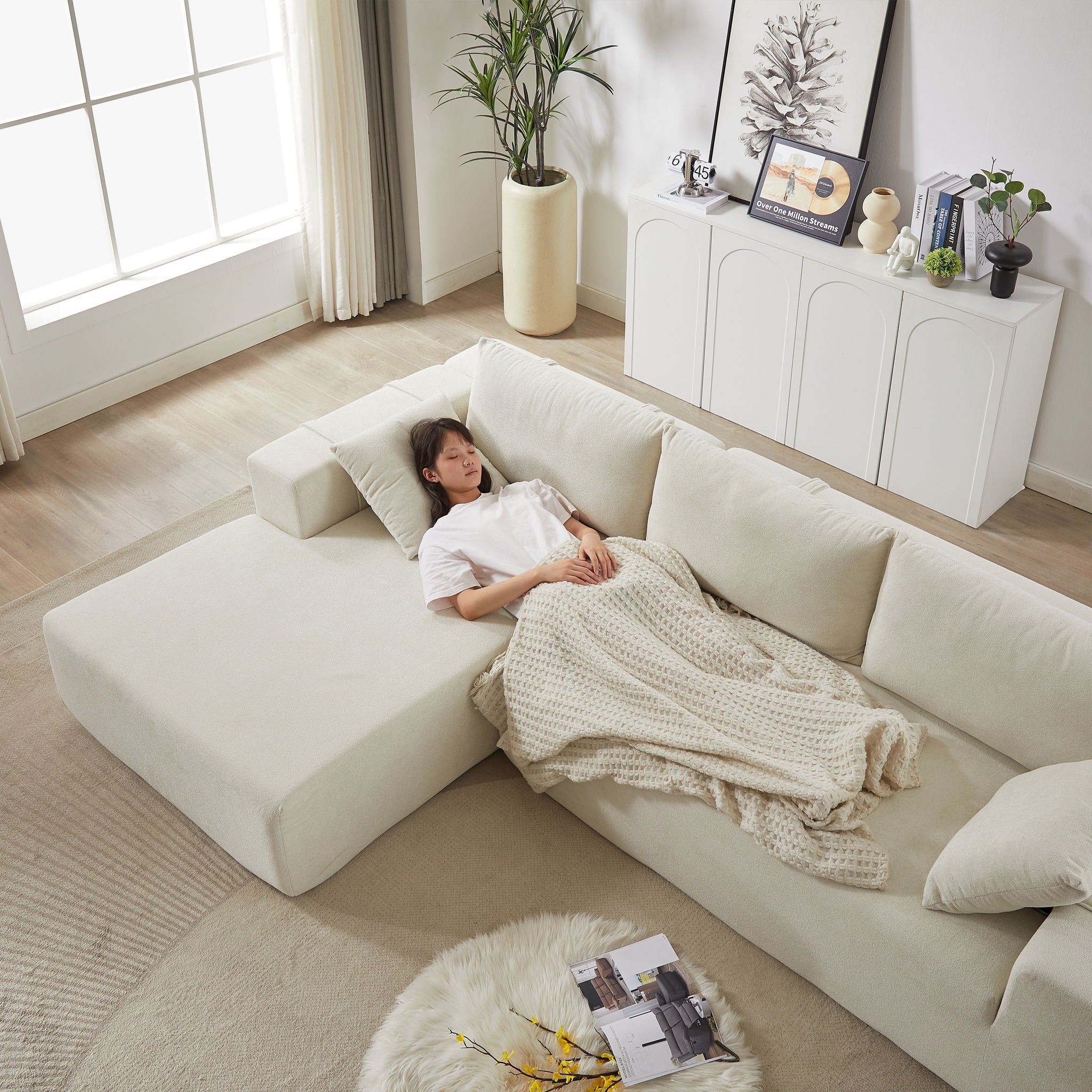 Modern Chenille Upholstered Sectional Sofa Couch Set With 6 Pillows,Free Combination