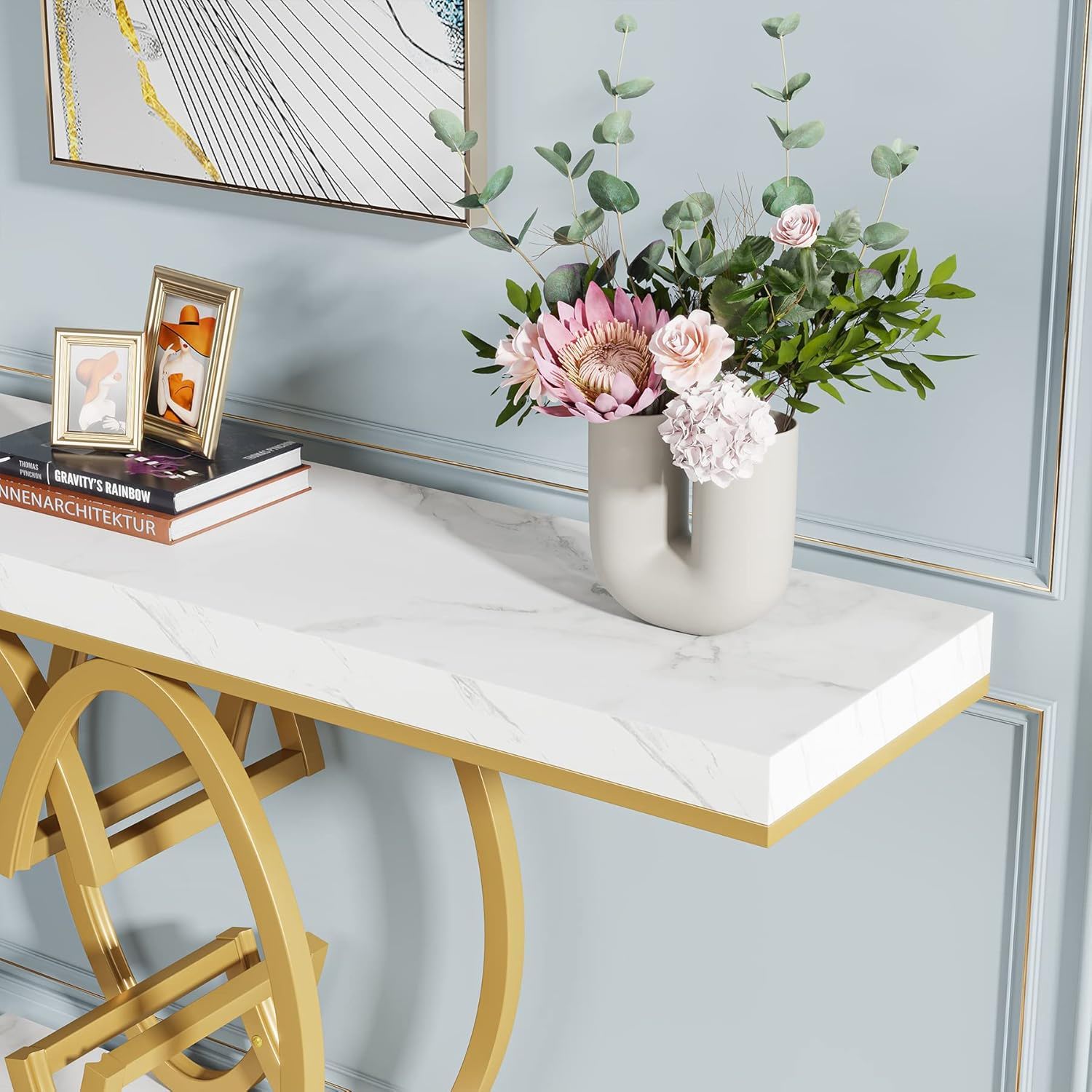 Console Table, Geometric Entryway Table For Living Hallway - White / Gold