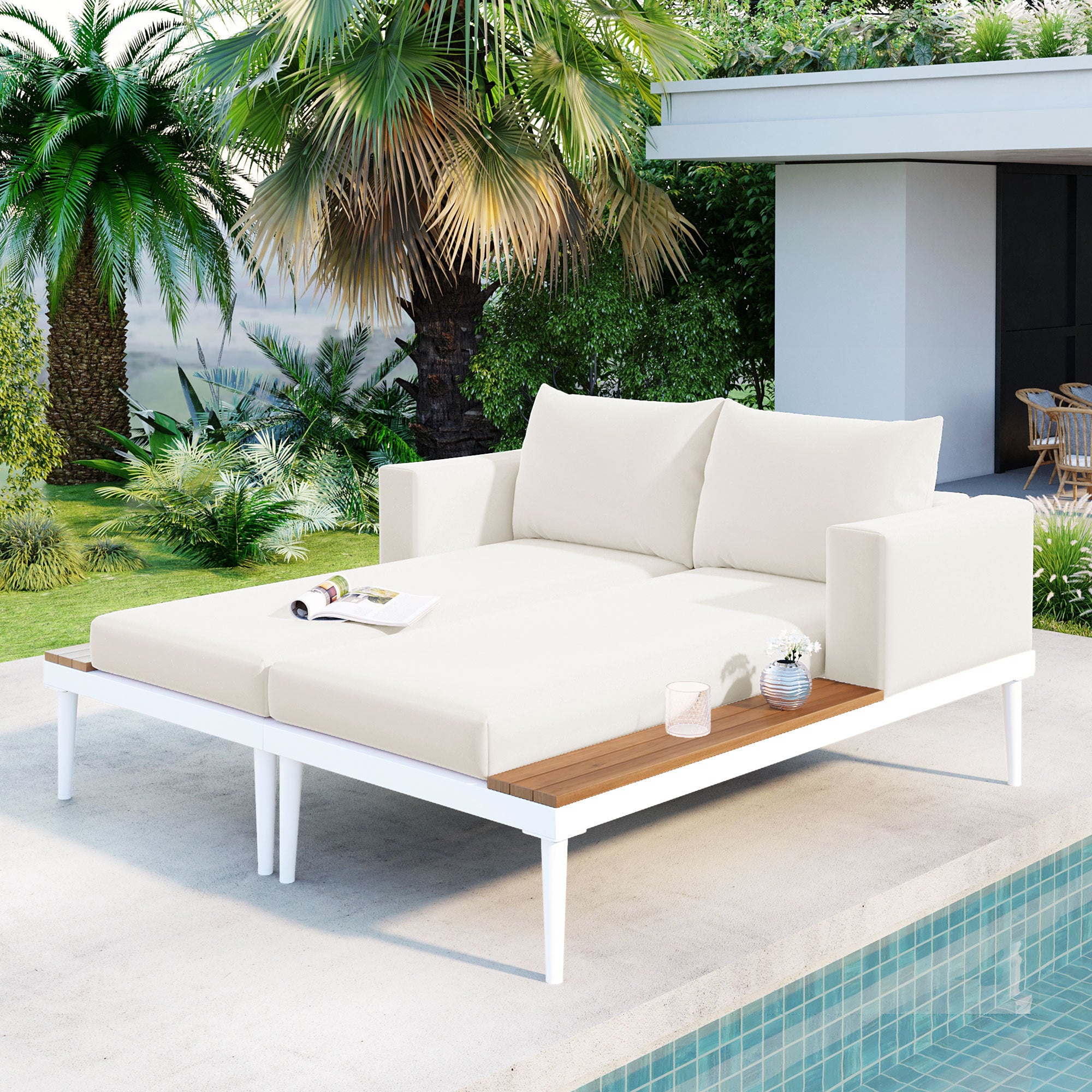Modern Outdoor Daybed with Faux Marble Top, Beige