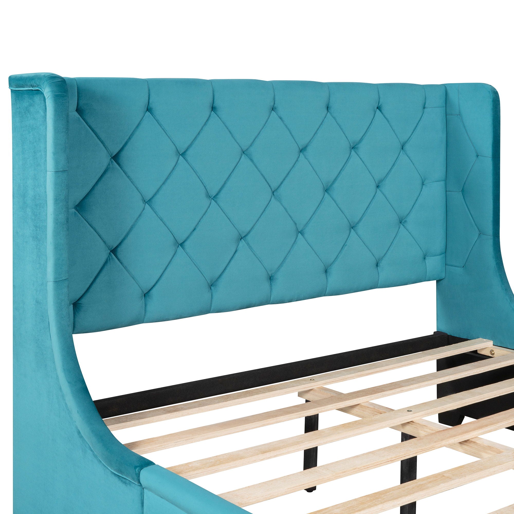Storage Bed Velvet Upholstered Platform Bed With Wingback Headboard And A Big Drawer