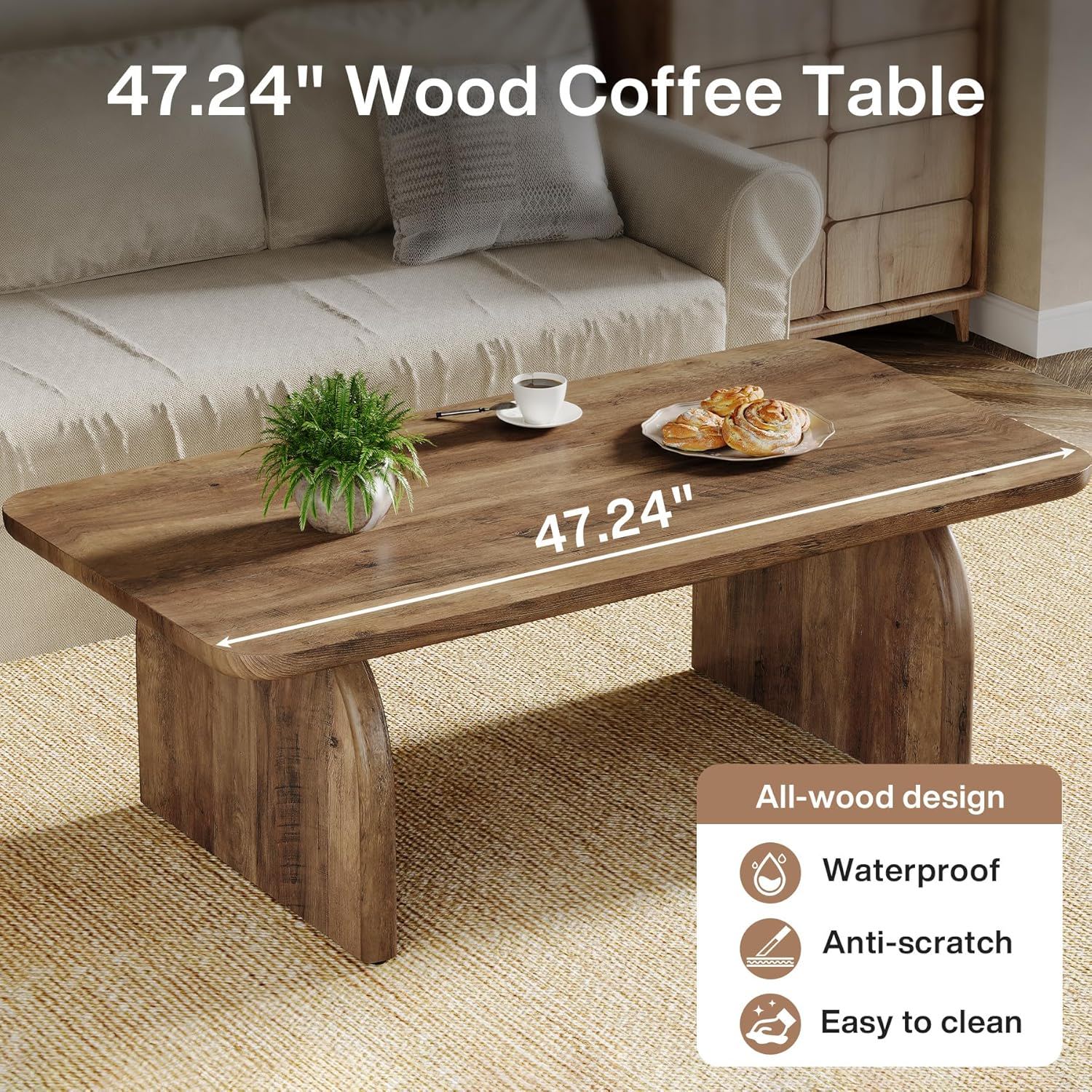 Rectangle Coffee Table With H-Base & Rounded Corners - Brown