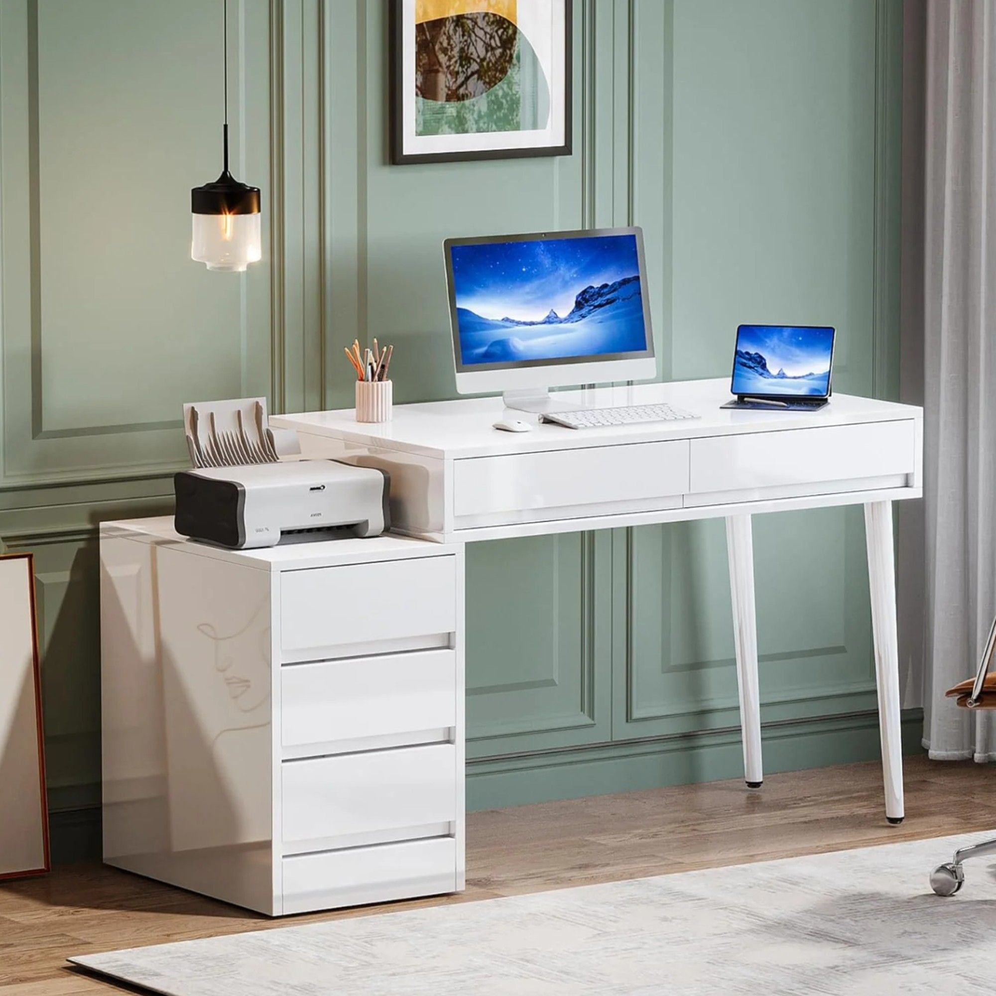 Glossy Desk With 5 Drawers & Printer Stand, Reversible Home Office Computer And Vanity Table For Small Spaces - White