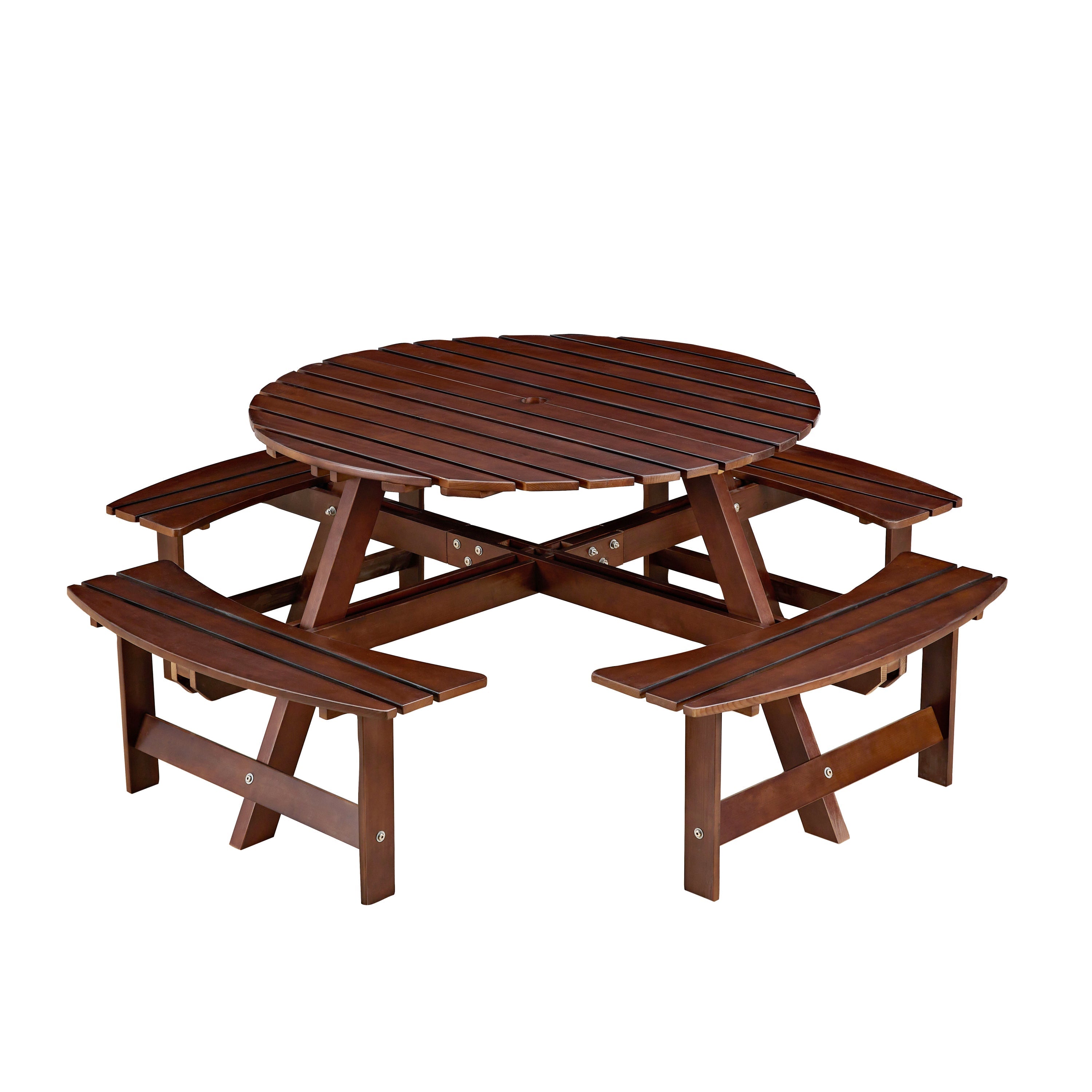 Outdoor 8 Person Round Picnic Table with Built-In Benches
