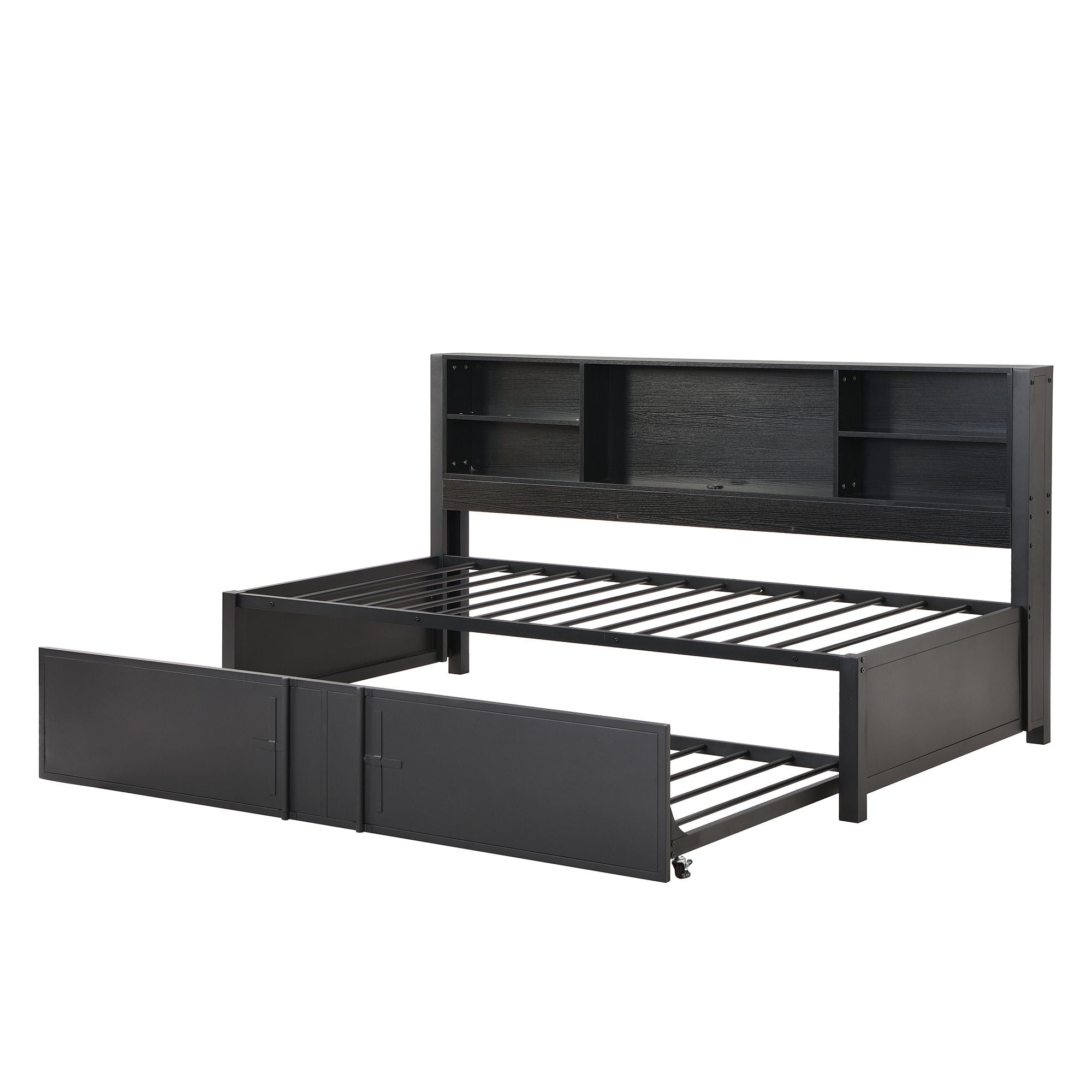 Industrial Metal Daybed With Trundle, Storage Shelves, USB Ports