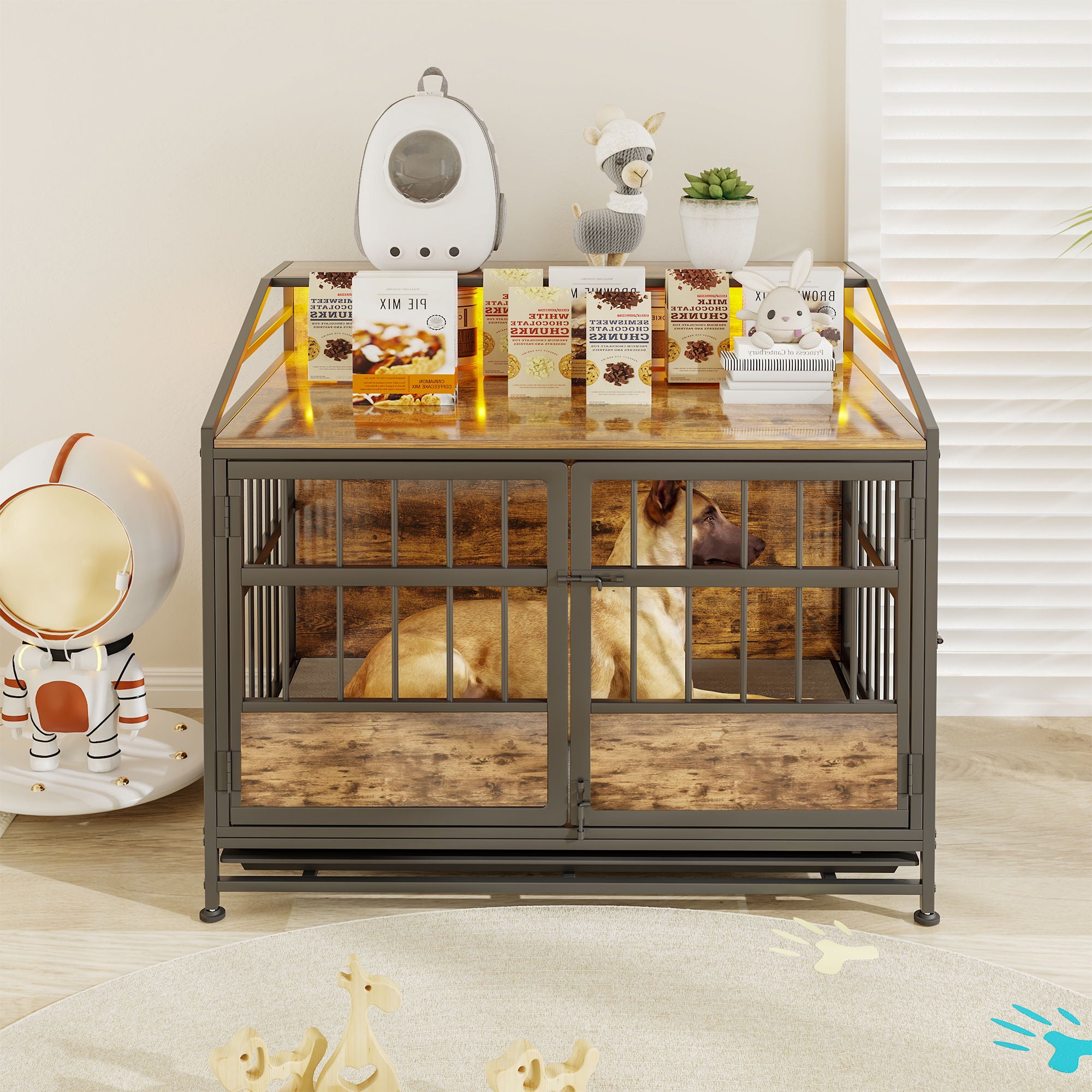 Multi Function Dog Crates With Storage, Double Doors, Indoor Dog Crate - Black Brown