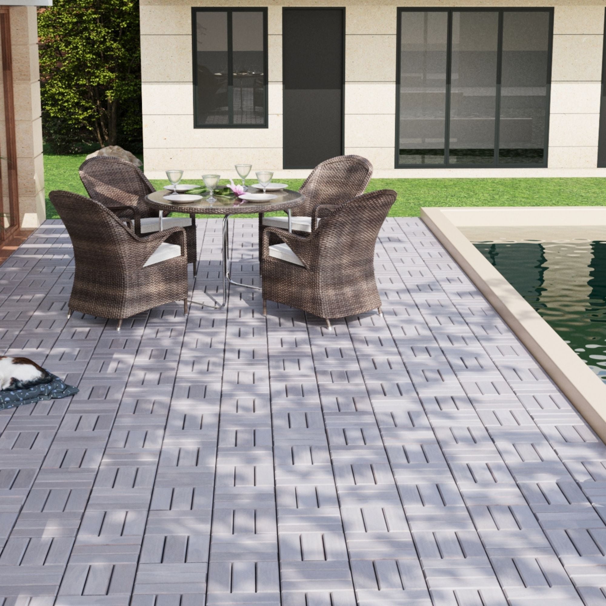 Acacia Wood Interlocking Deck Tiles Checker Pattern For Outdoor Flooring