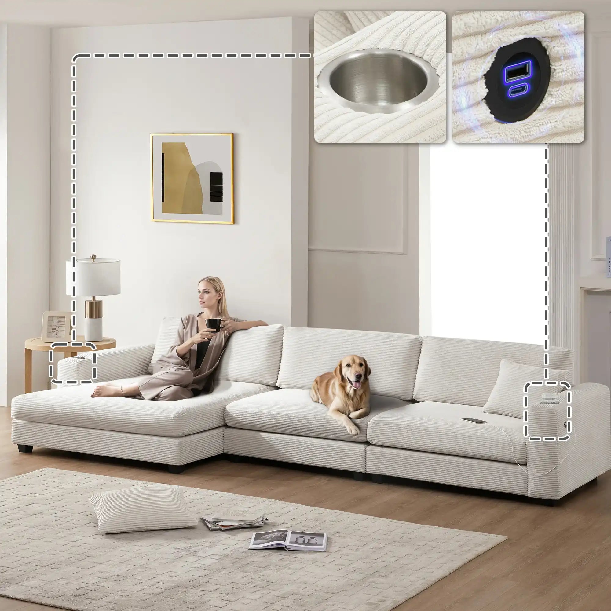 Oversized Corduroy L-Shaped Sectional Sofa, Indoor Furniture with USB Charging, 3 Colors