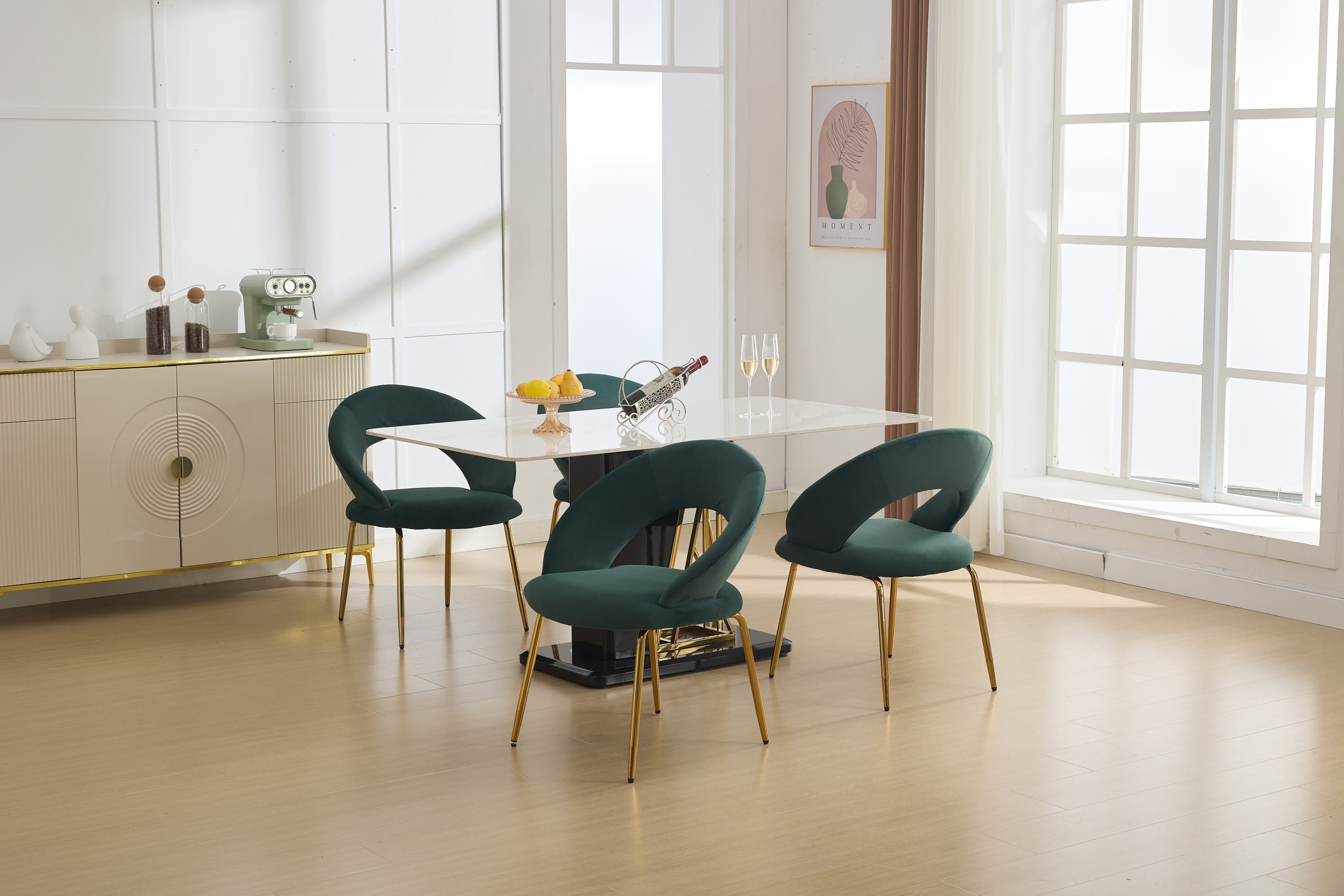 Velvet Fabric Dining Chair with Curved Backrest and Golden Metal Legs