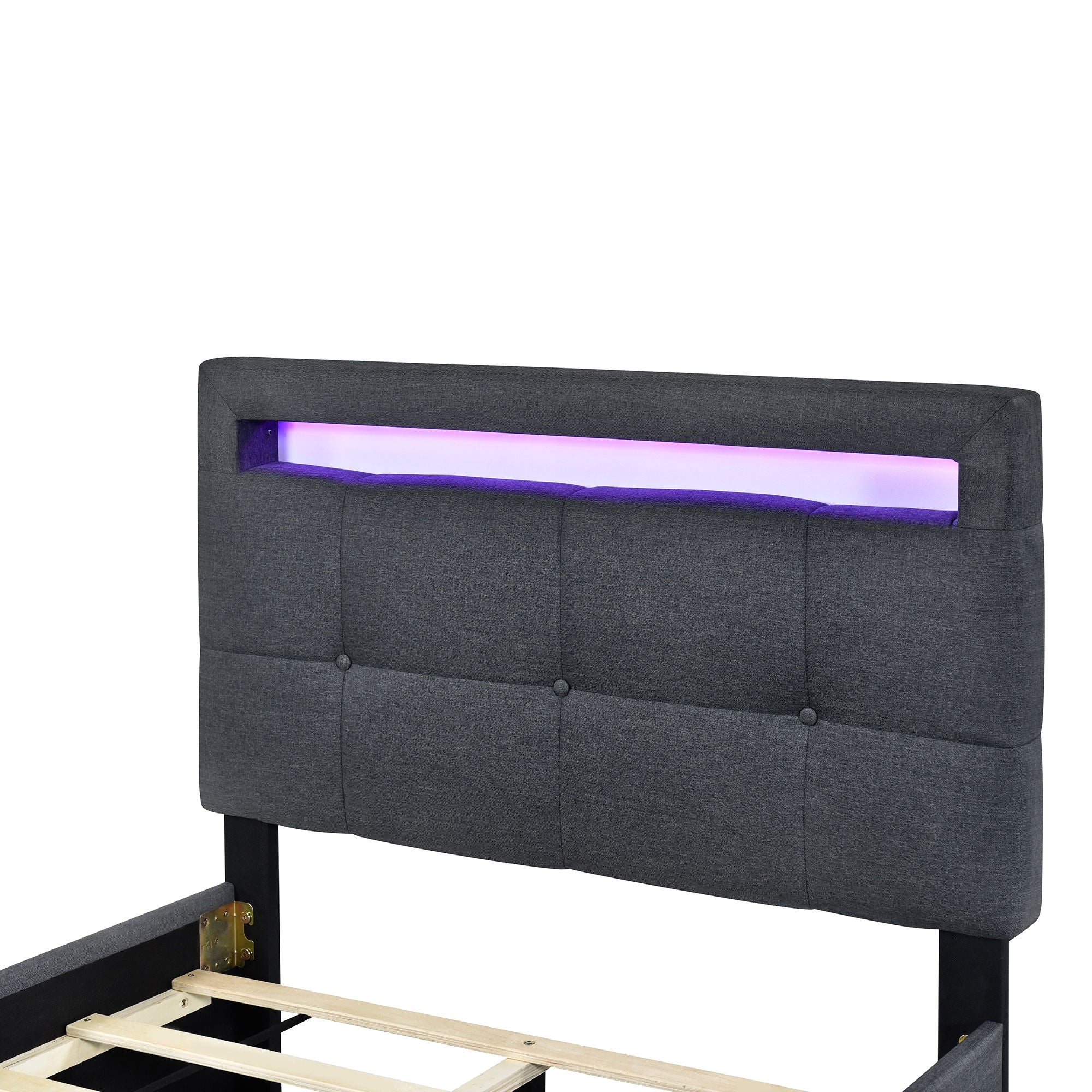 Upholstered Platform Bed With LED Frame, With Trundle And 2 Drawers