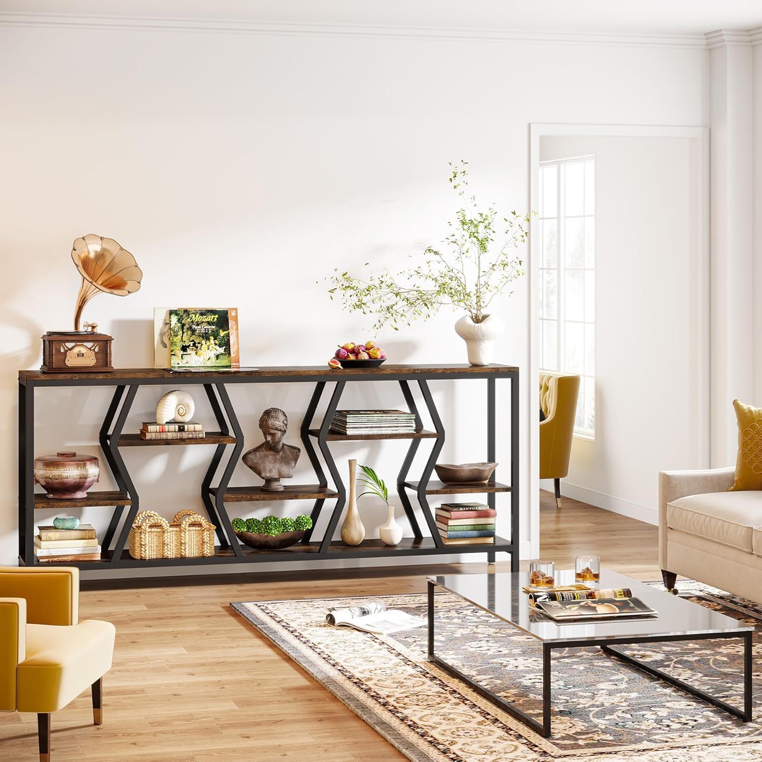 Tribesigns - Extra Long Narrow Sofa Console Table With 4 Tier Storage Shelves - Rustic Brown