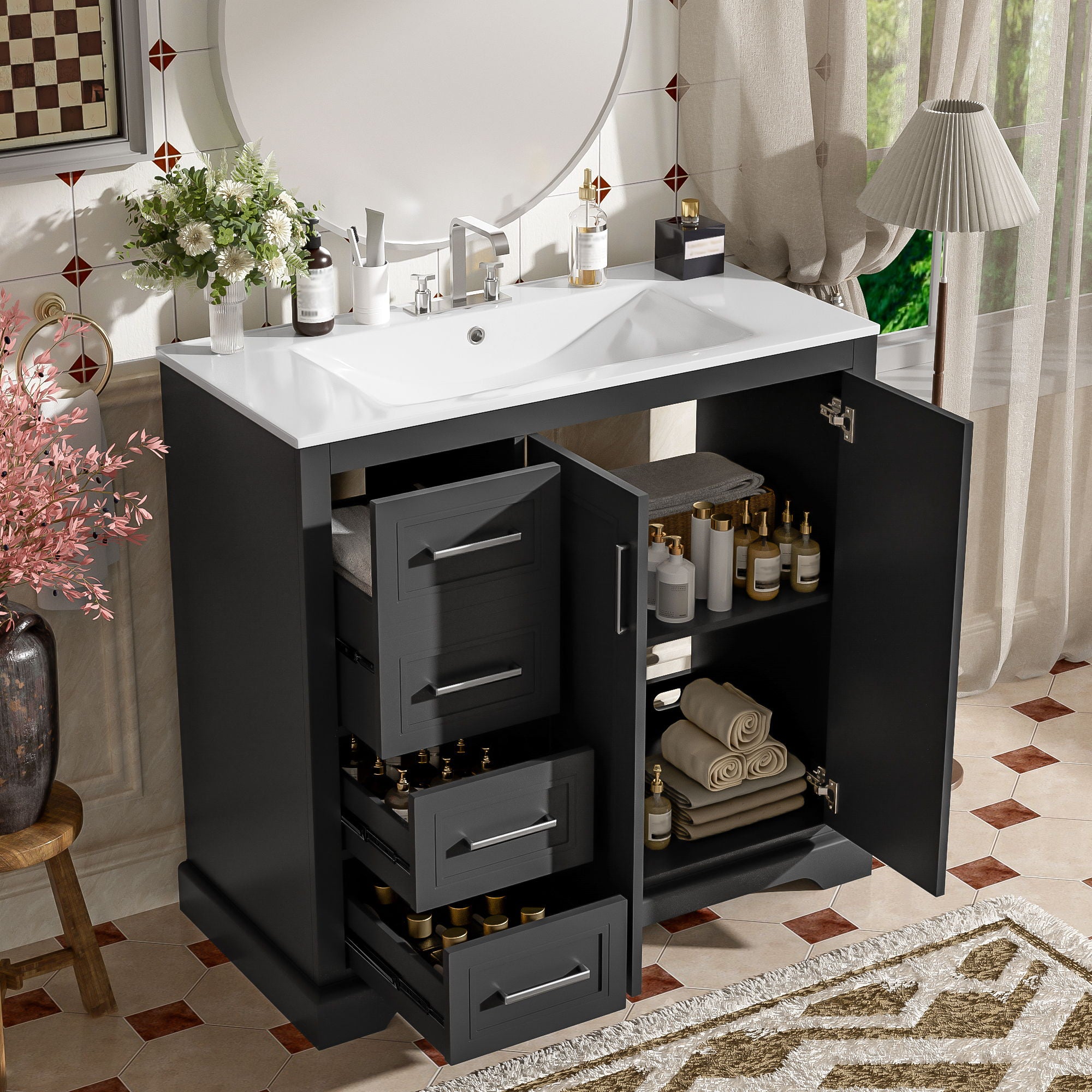 Bathroom Vanity With Sink, Soft Close Doors, Adjustable Shelf & 3 Drawers