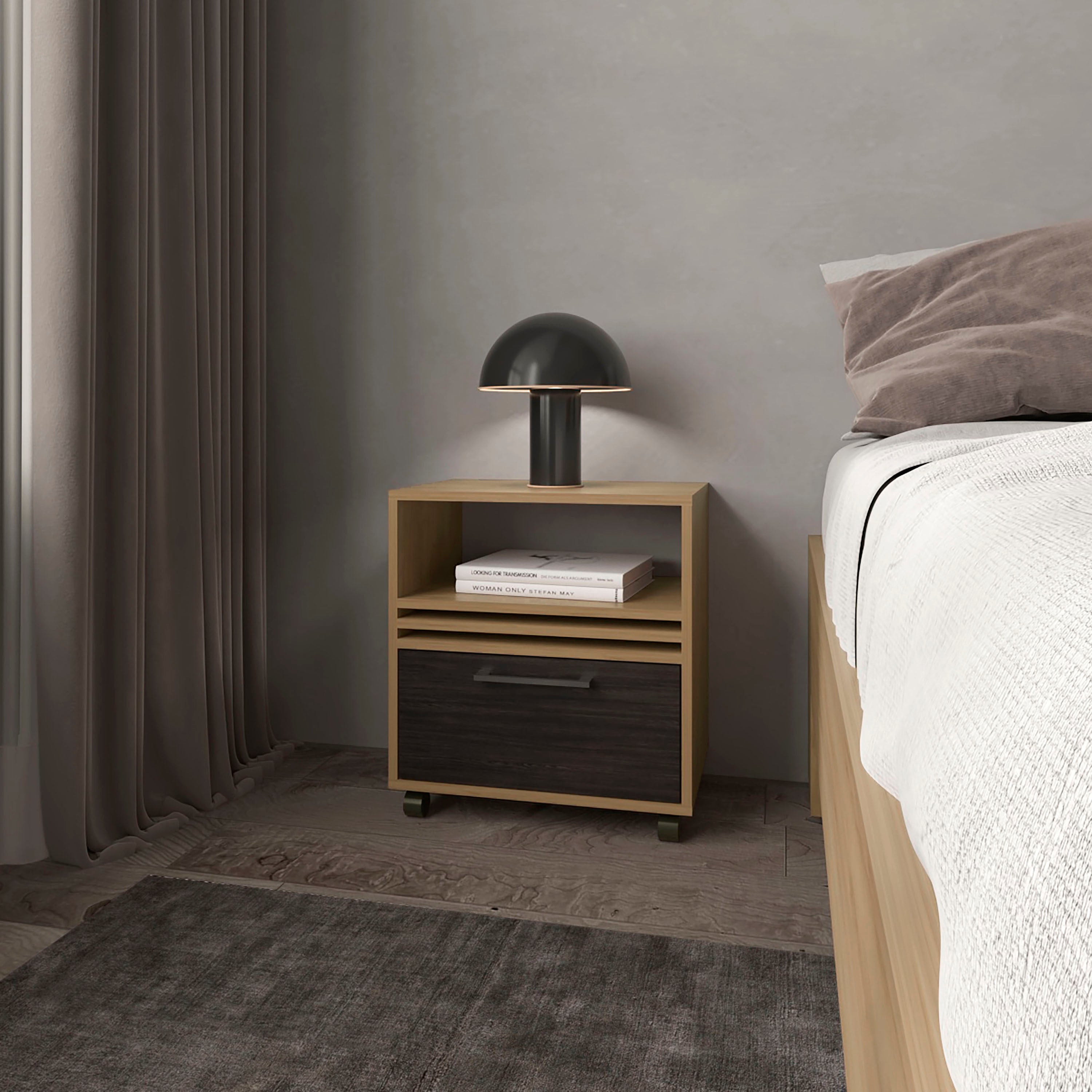 Saxon nightstand with a drawer and open storage, natural oak