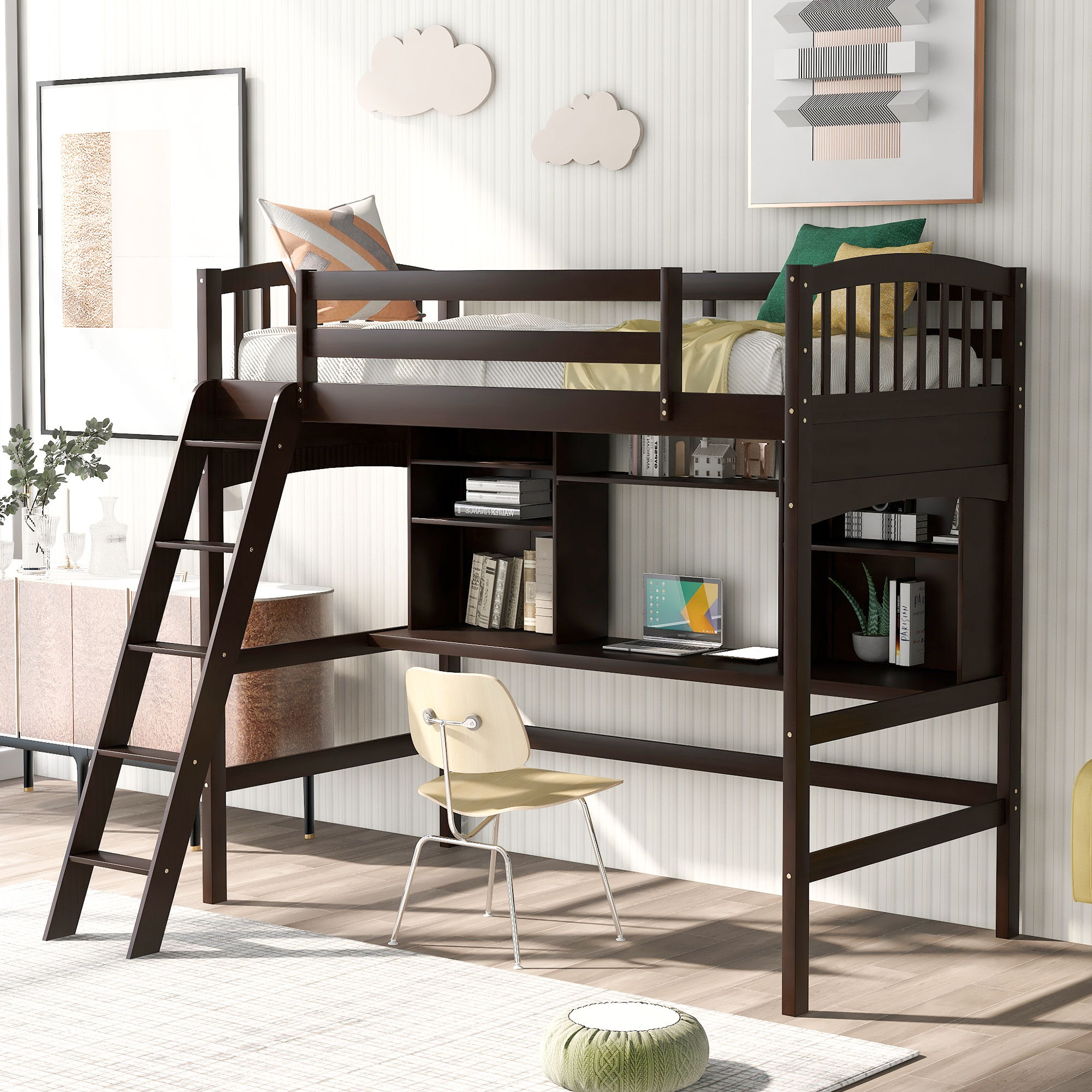 Loft Bed With Storage Shelves, Desk And Ladder