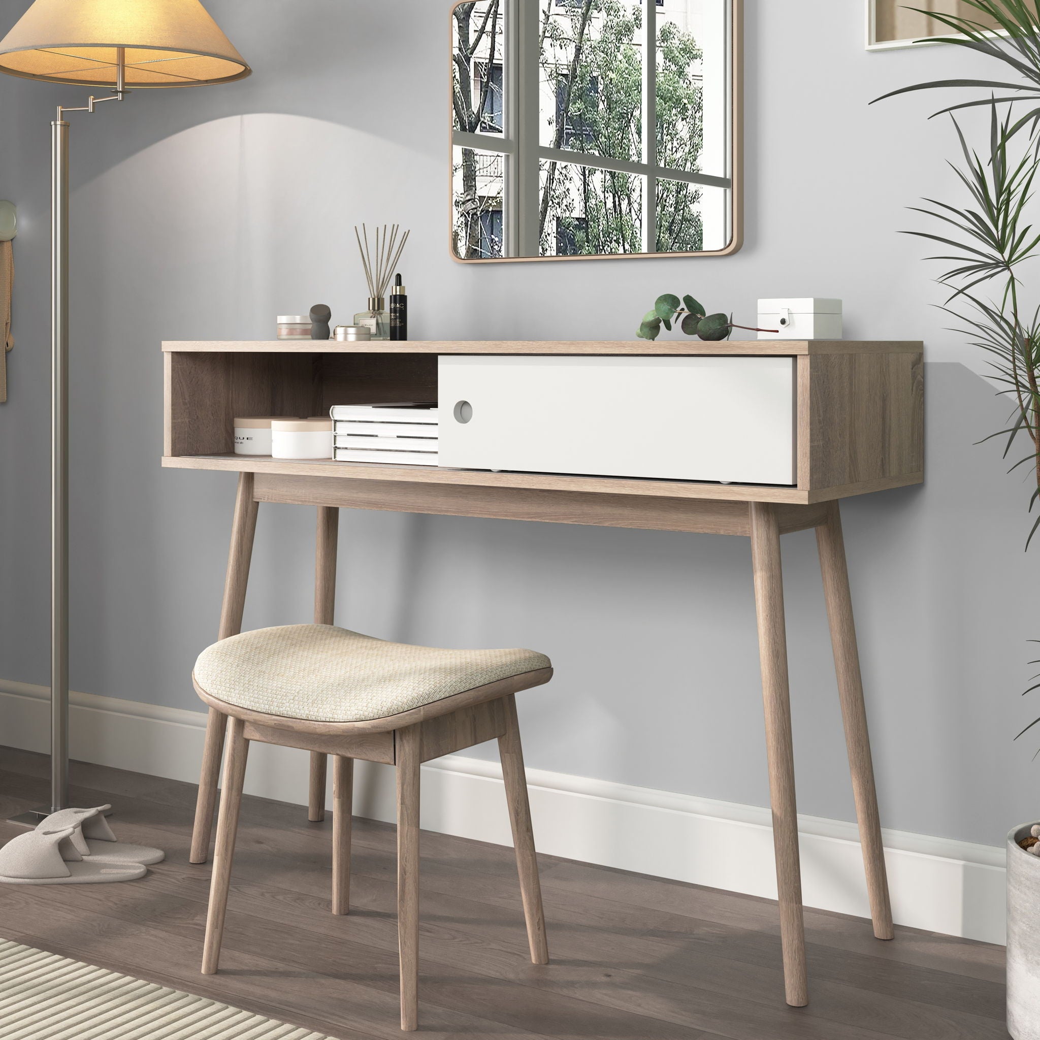 Rustic Entryway Console Table With Sliding White Doors And Wood Legs - Natural