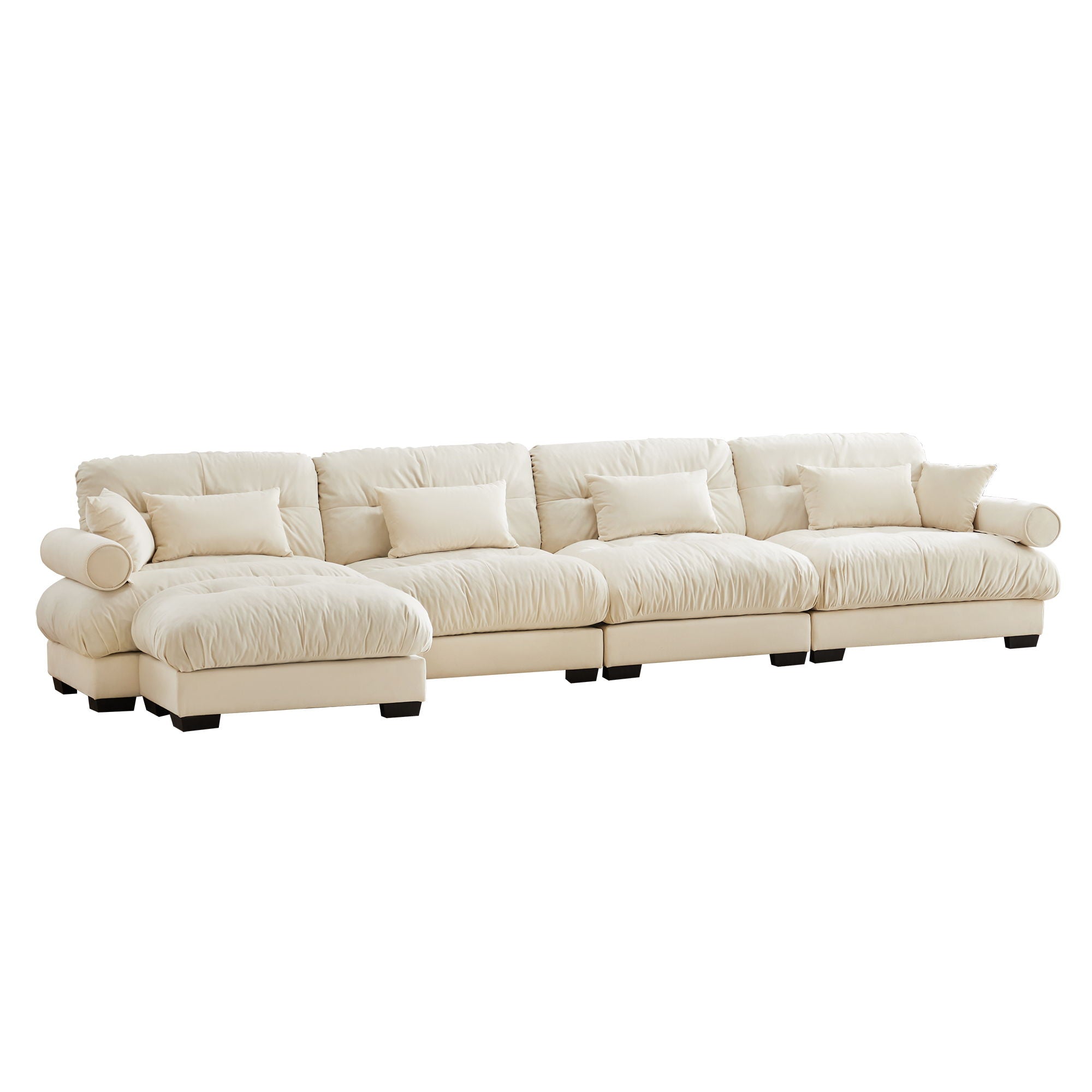 Modern Sectional Sofa With Ottoman, Round Bolster Armrests, Waist And Throw Pillows