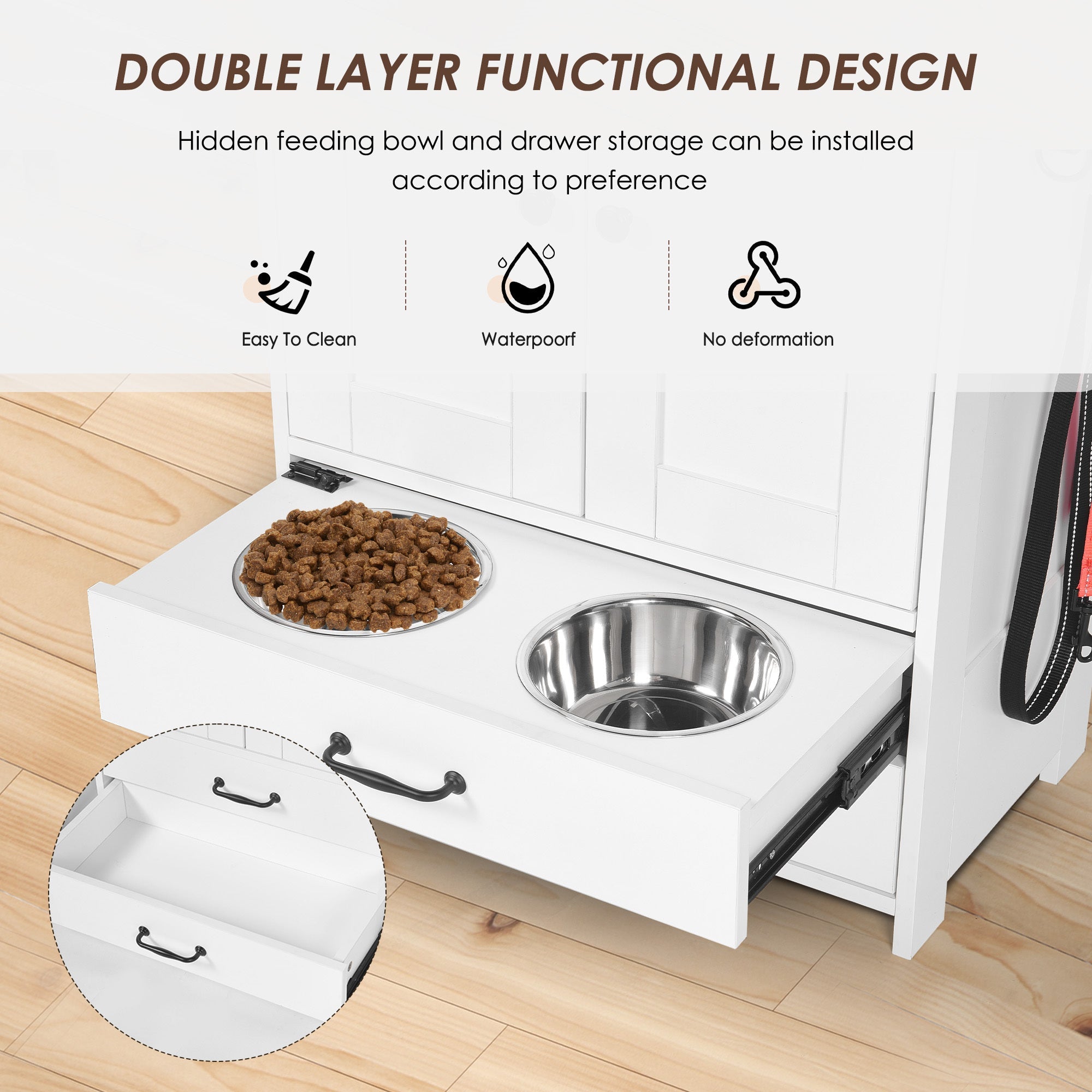 Dog Feeding Station Double Door Locker with 2 Adjustable Dog Bowls White