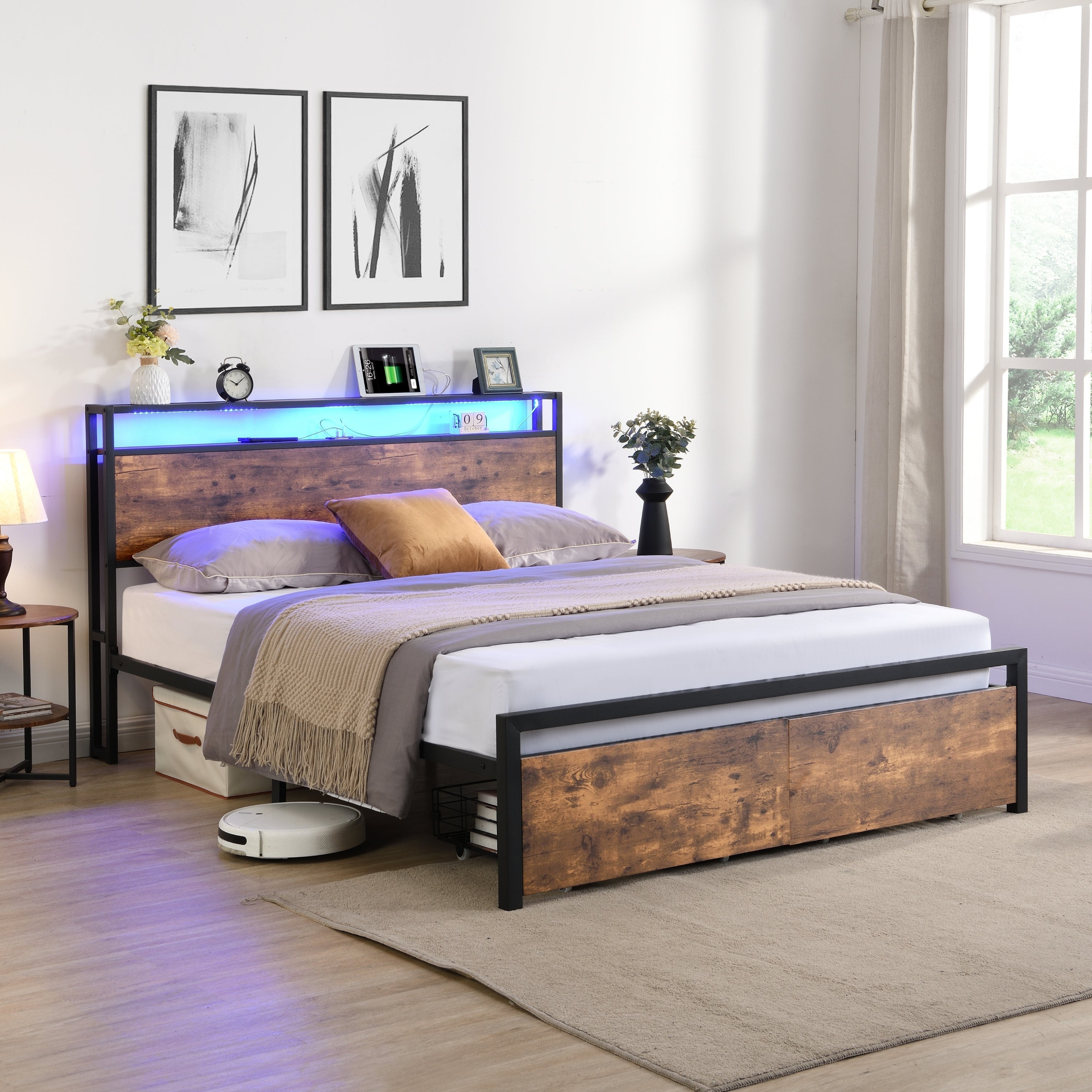 Bed frame with storage, led headboard, drawers & usb port