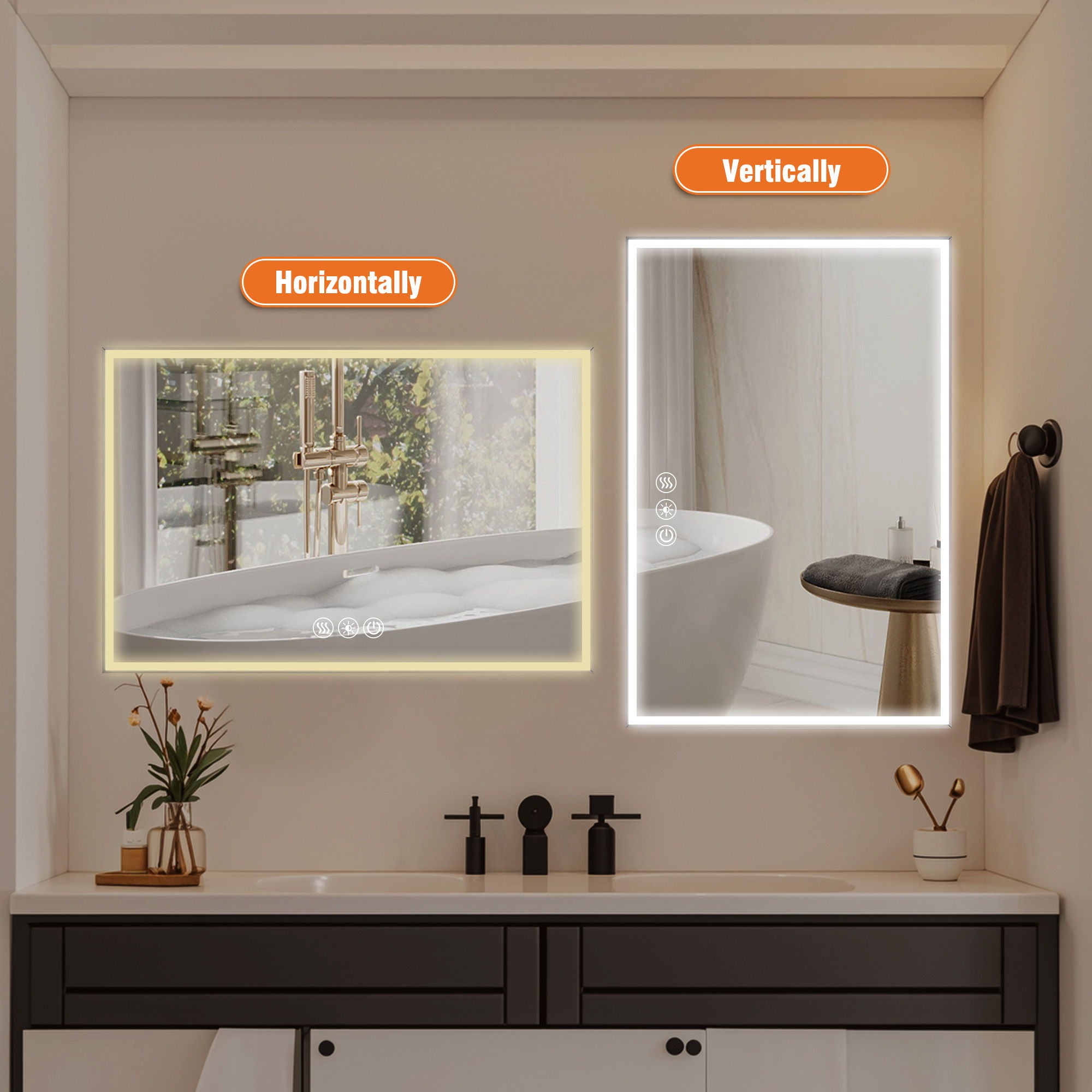 Modern LED Bathroom Vanity Mirror With Aluminum Frame, 45° Beveled Lights, Anti Fog - Silver