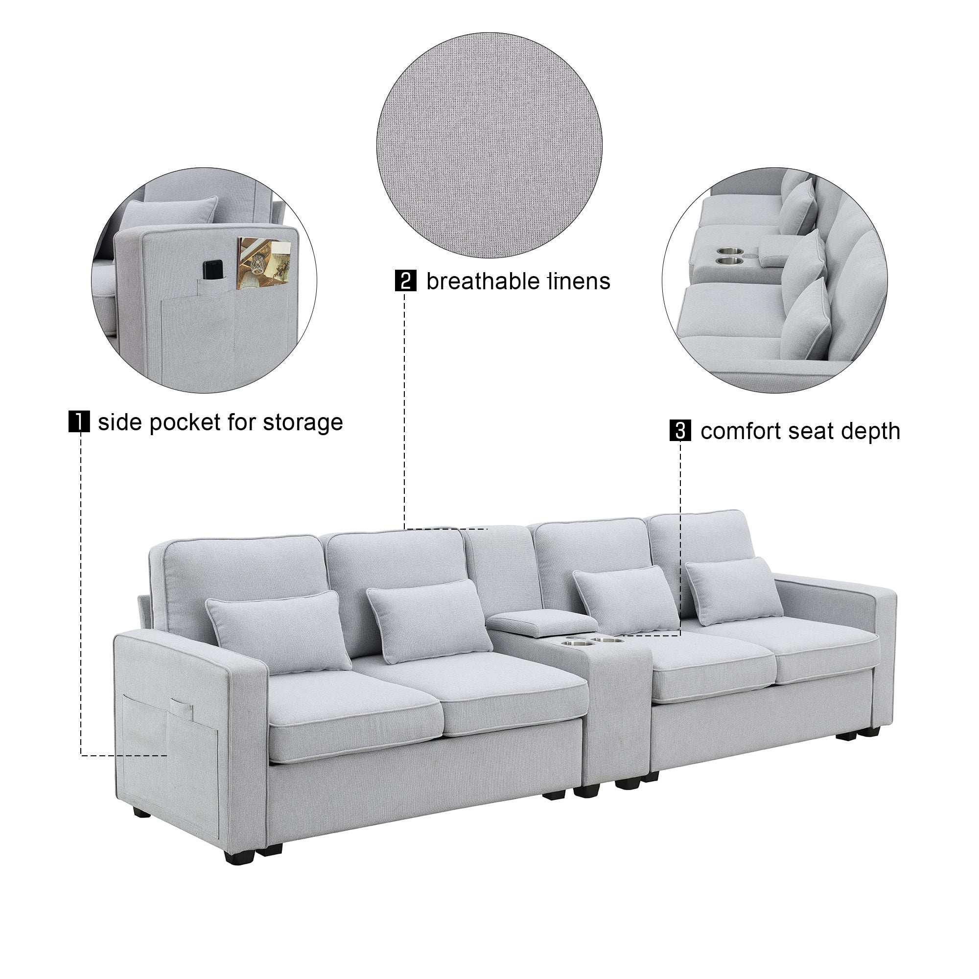 114.2" Modern Upholstered Sofa with Console, 4 Seats, Linen Fabric - Best Buy Furniture