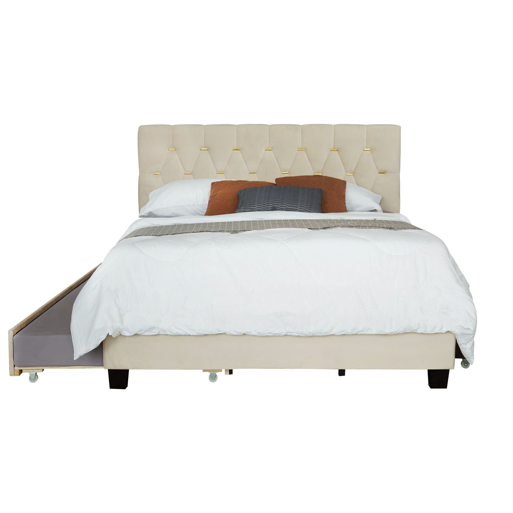 Queen Bed With Pull Out Trundle & Storage Drawers, No Box Spring Required, Space Saving Design - Beige
