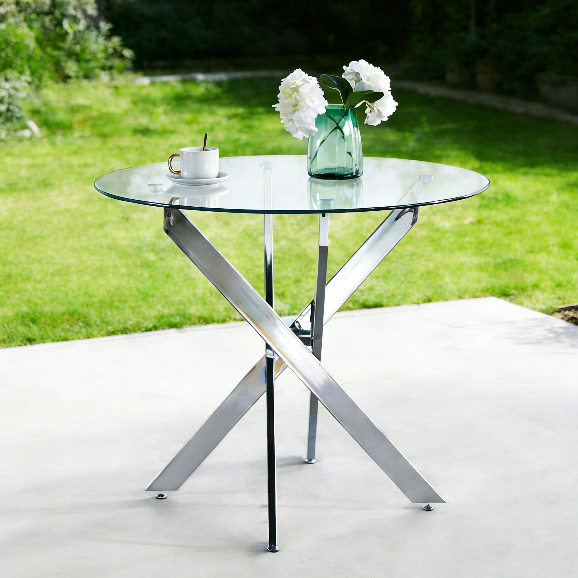 Dining Table With Cross Metal Leg And Tempered Glass, Modern Space Saving Kitchen Table For Living Room