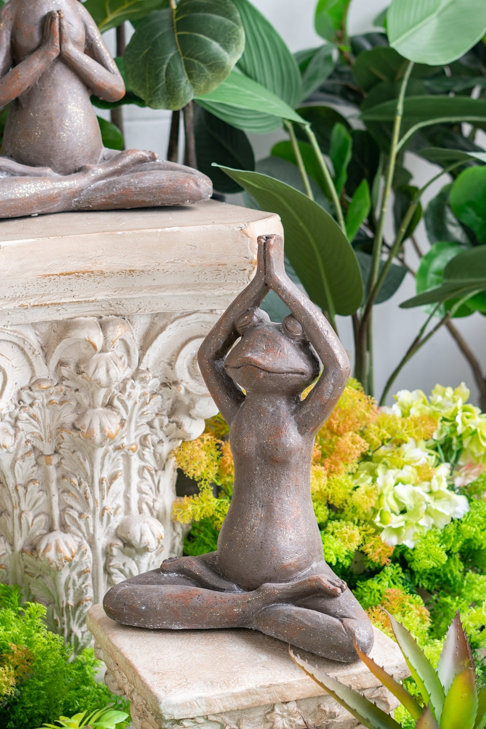 11.5x6.5x15 Brown Magnesium Yoga Frog Figurine in Namaste Pose with Gold Accents