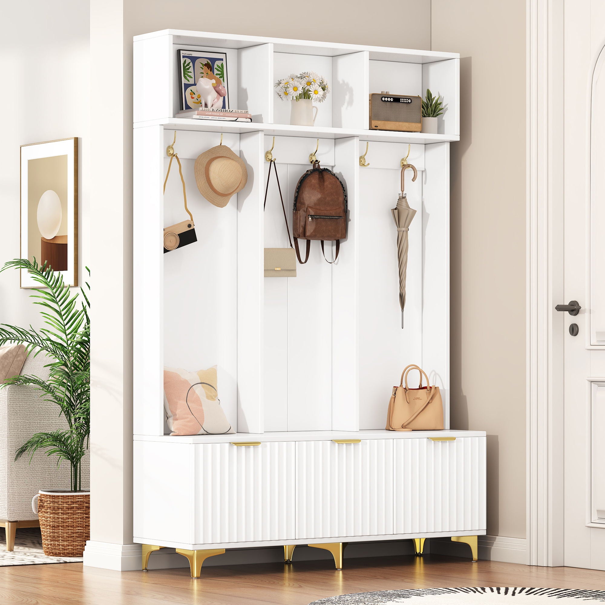 Modern Large Storage Hall Tree With Bench, 6 Hooks