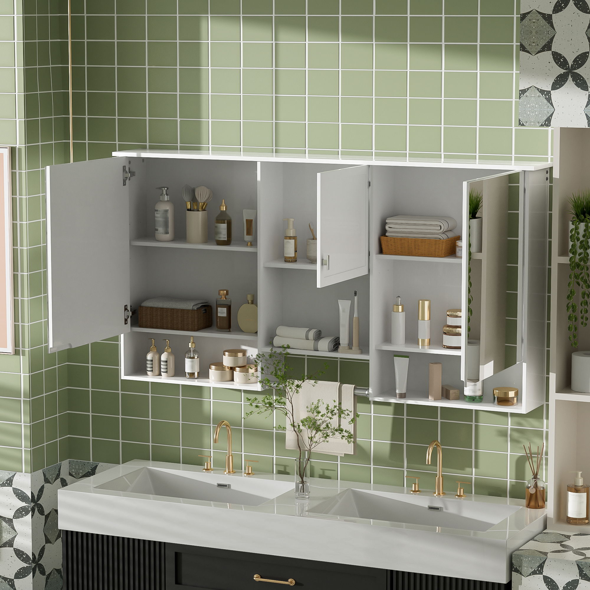 Wall-Mount 3-In-1 Mirror Cabinet With Adjustable Shelf, Soft-Closing Hinges, Rectangular Design - White