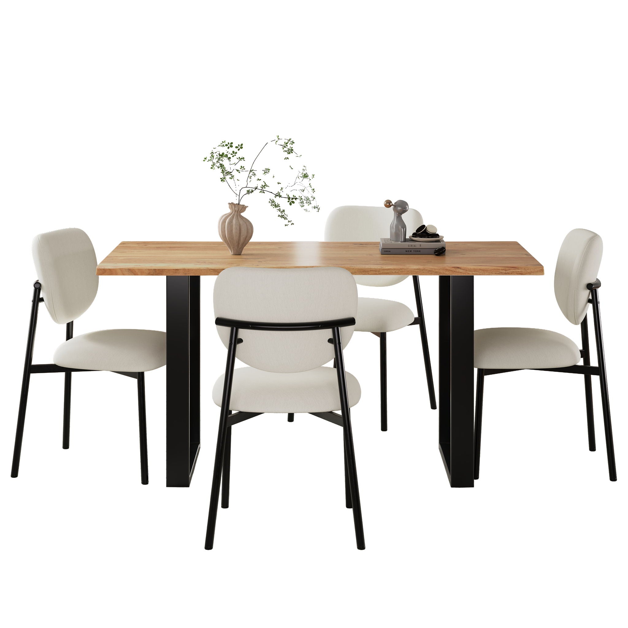 Mid Century 5 Piece Dining Set With Upholstered Dining Chairs And Metal Legs, Solid Wood Top Metal Base Dining Table - Beige / Black