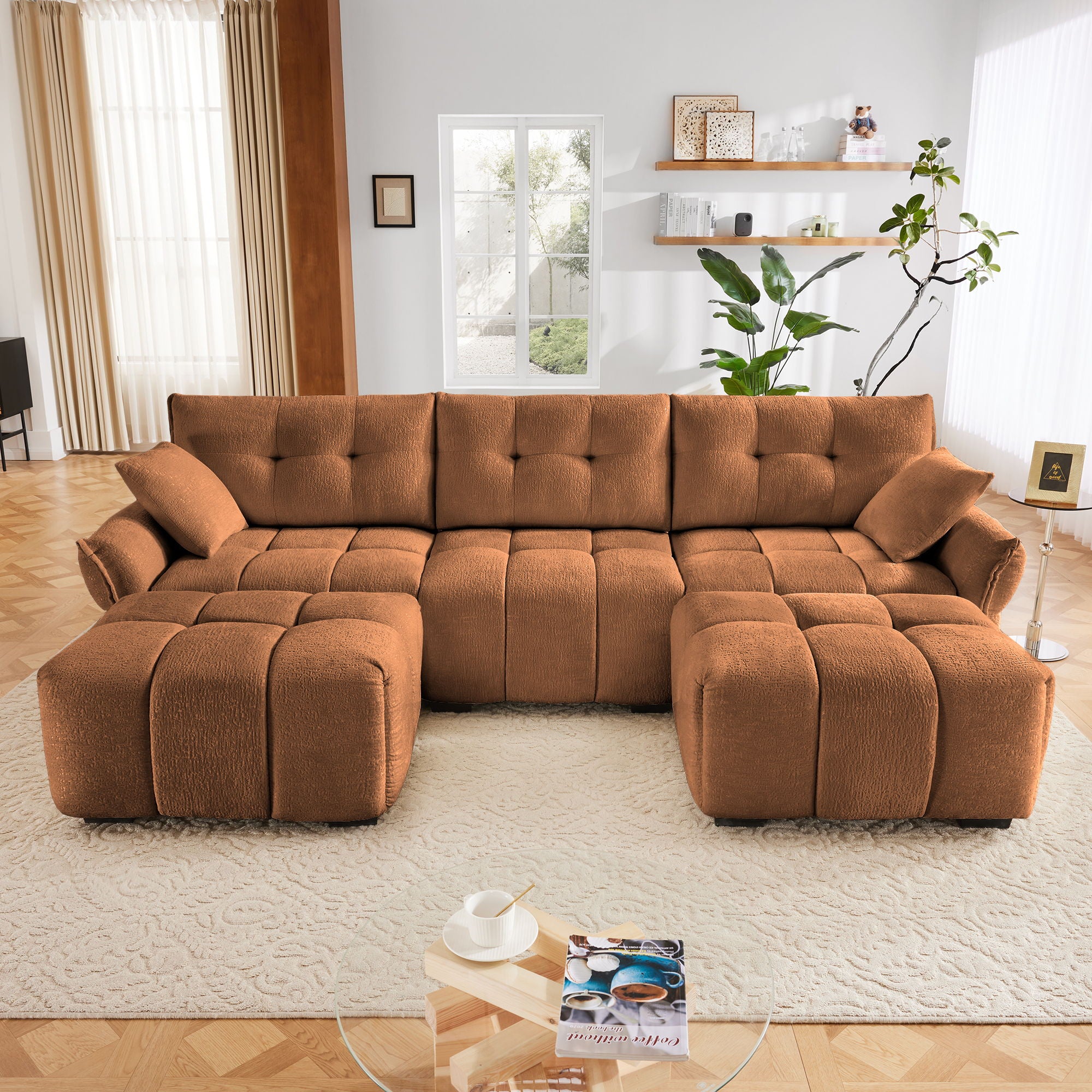 Sofa Set With Ottoman And Pillows, Textured, High Resilience Cushions