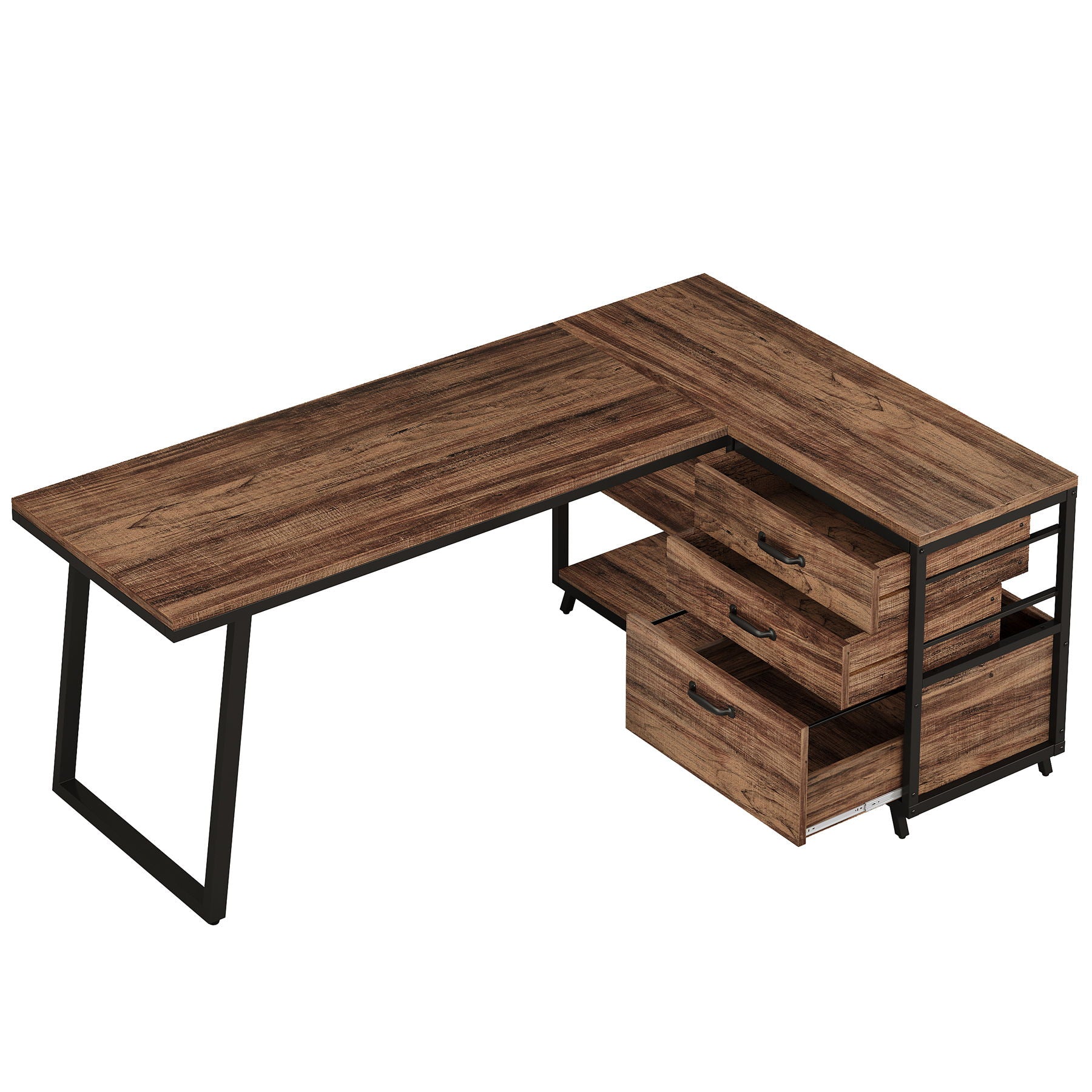 L-Shaped Computer Desk With 3 Drawers And Storage Shelves, Reversible Corner Workstation For Small Rooms - Brown / Black