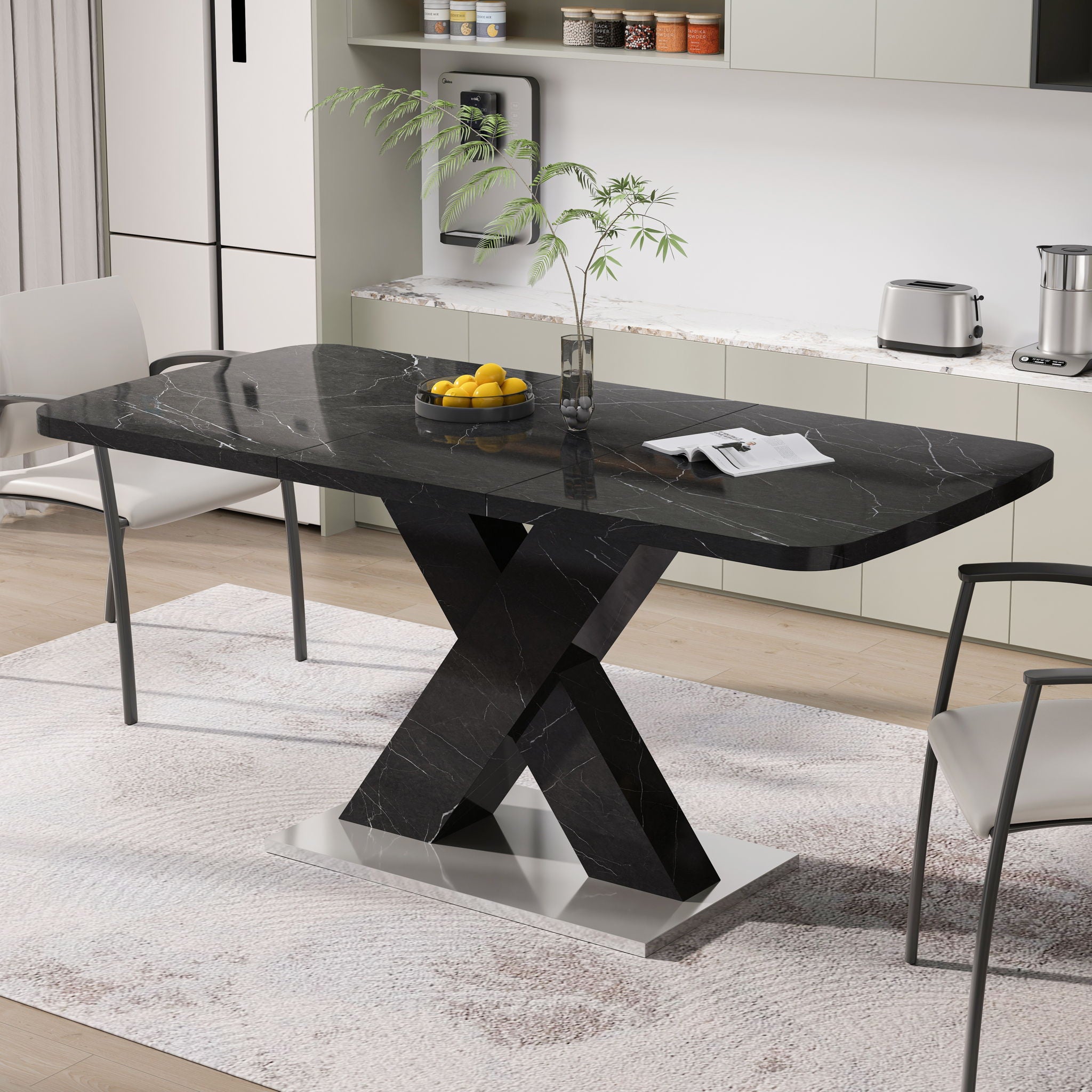 Modern Rectangle Dining Table With Stretchable TopAnd X Shape Legs