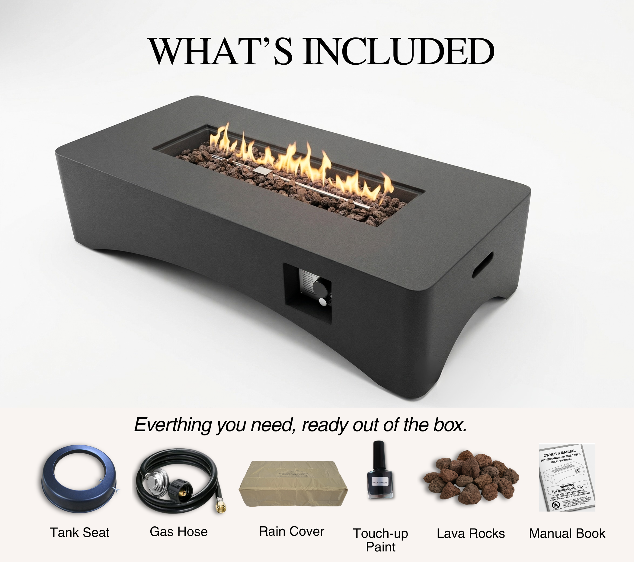 56" Propane Fire Pit Table, Rectangular Outdoor Gas Fire Pit