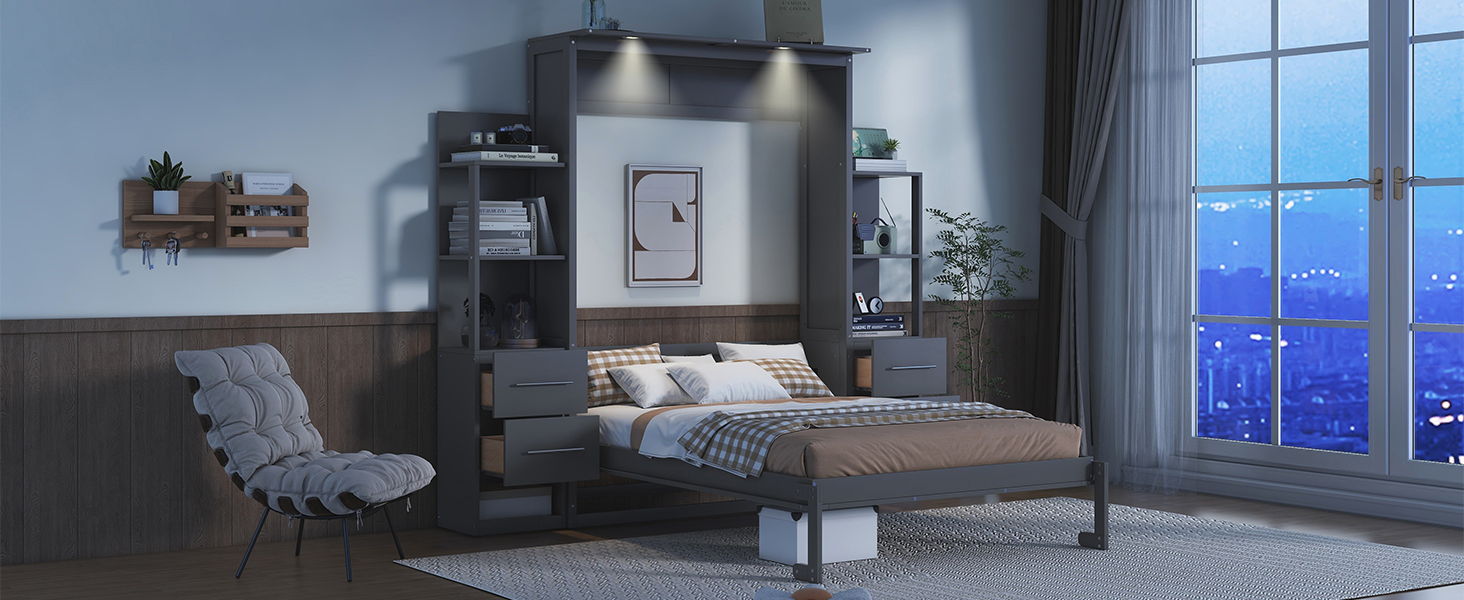 Murphy Wall Bed With Shelves, Drawers And LED Lights