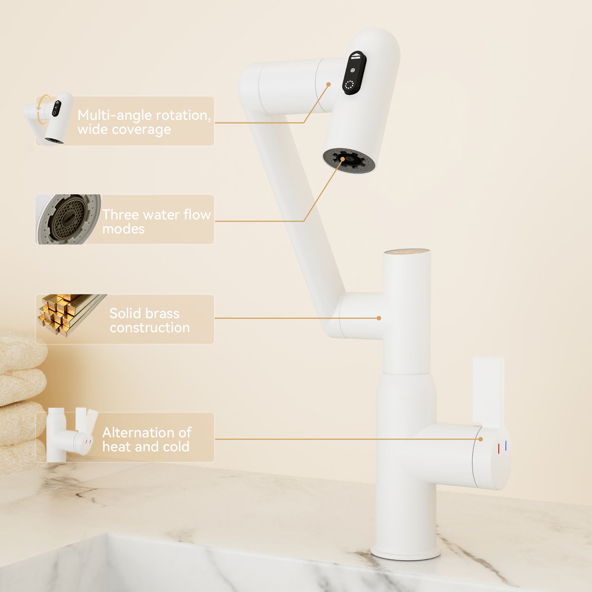 Modern Bathroom Sink Faucet With Spray Function, Temperature Display, Anti Skid Switch, Brass - White