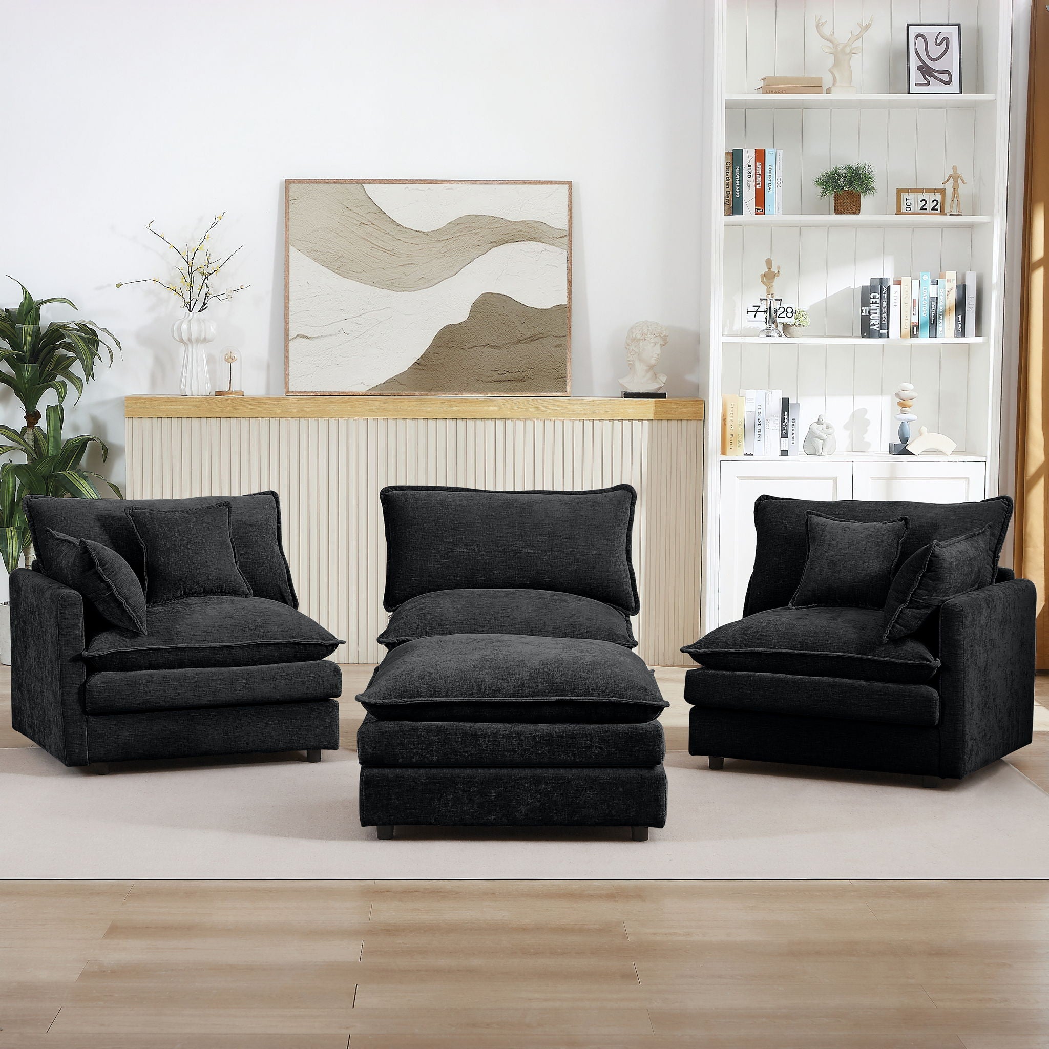 Modular L-Shaped Sectional Sofa Set With Movable Ottoman - Black