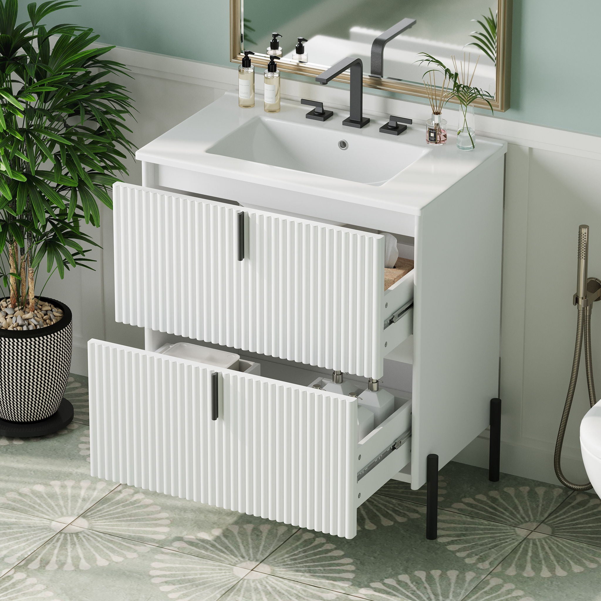 Fluted Bathroom Vanity With Ceramic Sink, Freestanding Design
