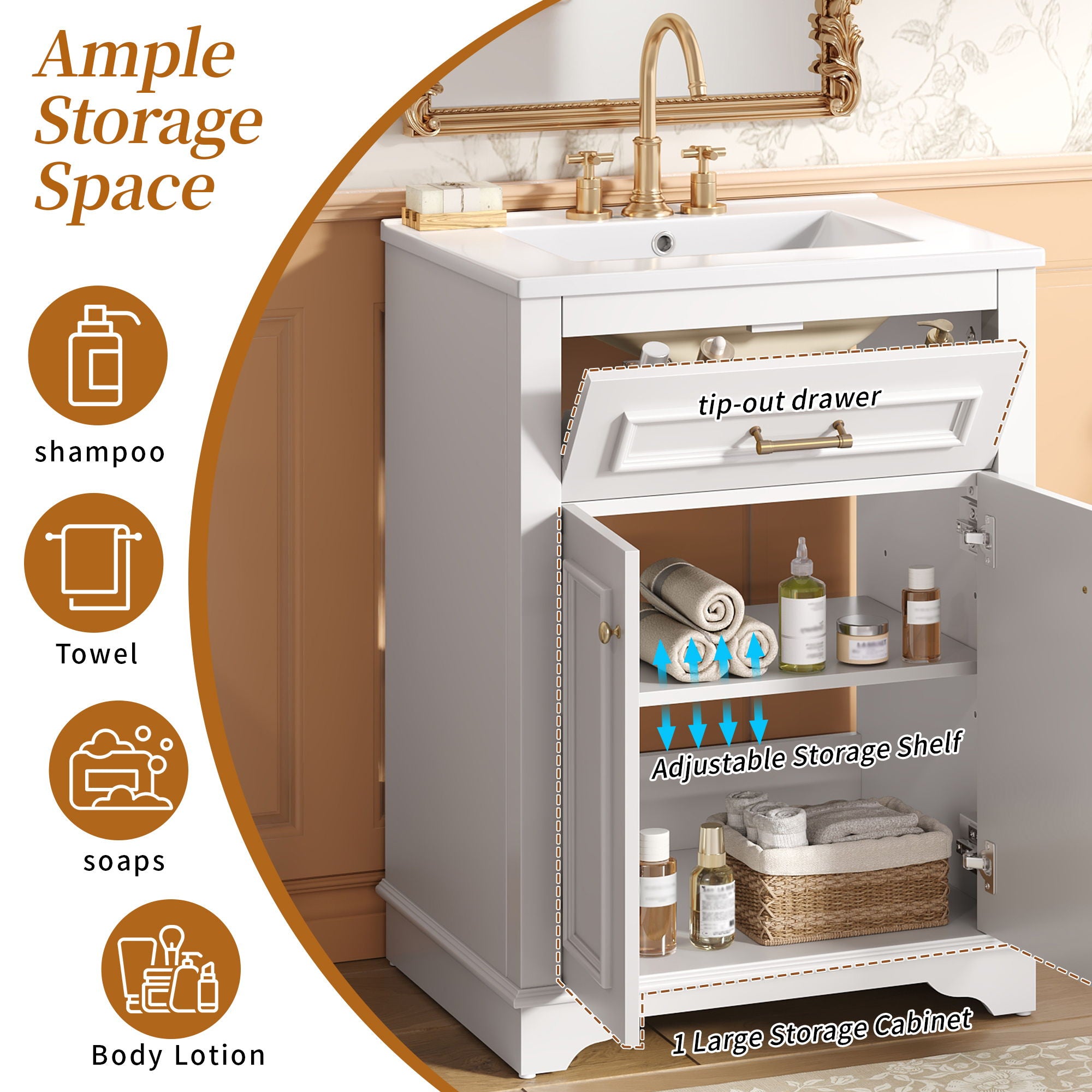 Bathroom Vanity With Integrated Sink, 2 Door Cabinet With Tip Out Drawer, Rectangular Design