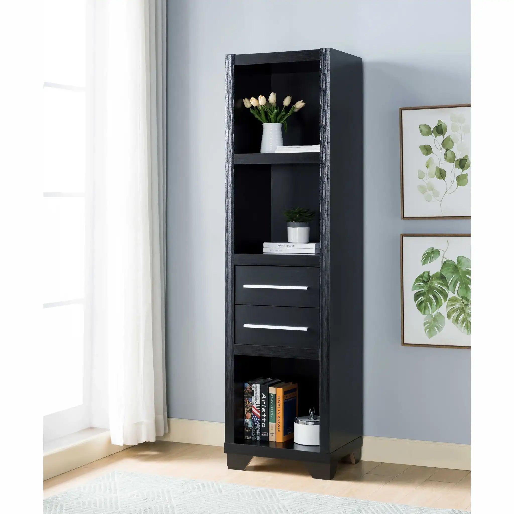 Media Pier, Bookcase Display With 2 Drawers, Open Storage Compartments