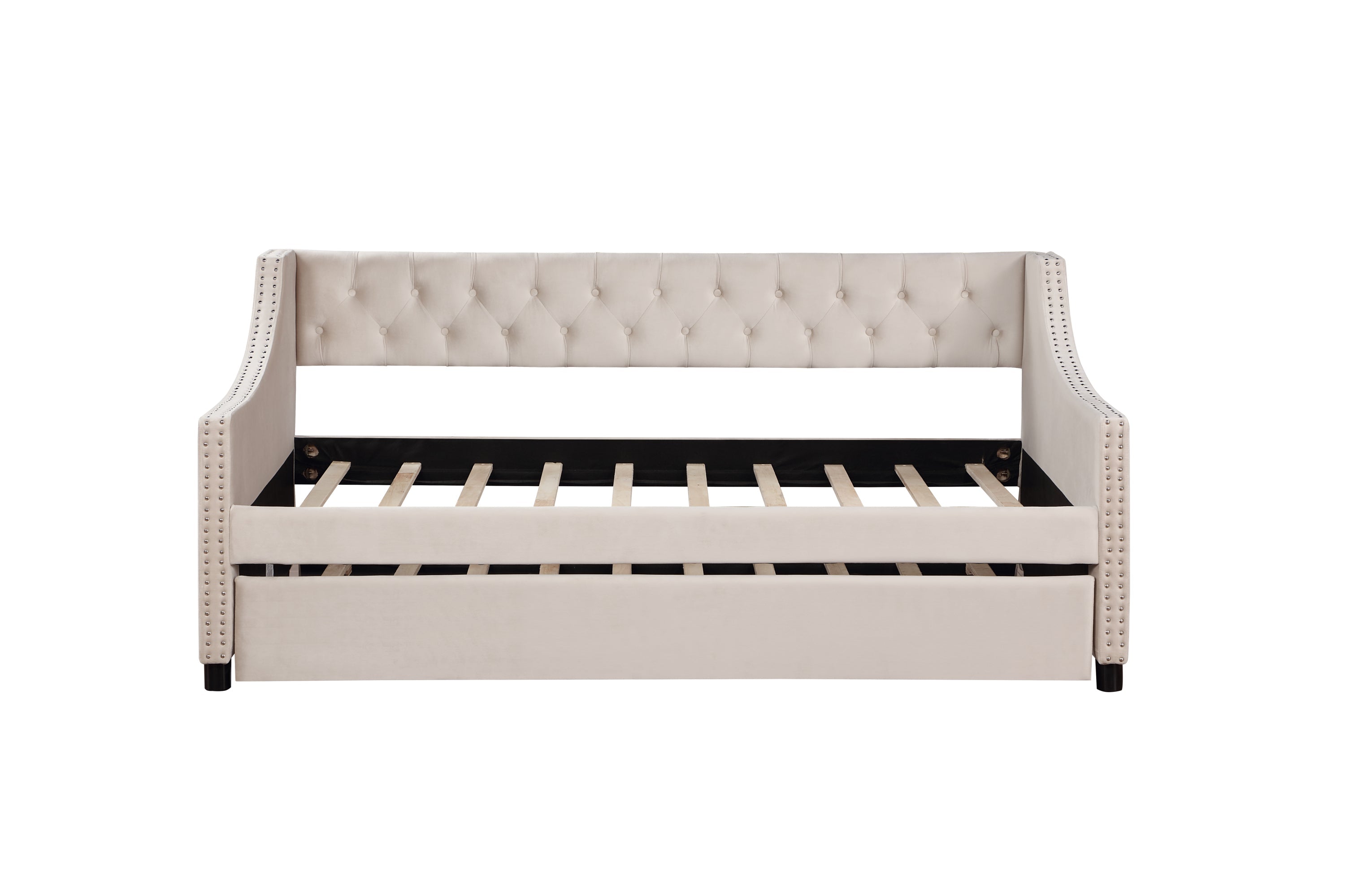 Daybed with Trundle Upholstered Tufted Sofa Bed Arms Full Size Beige