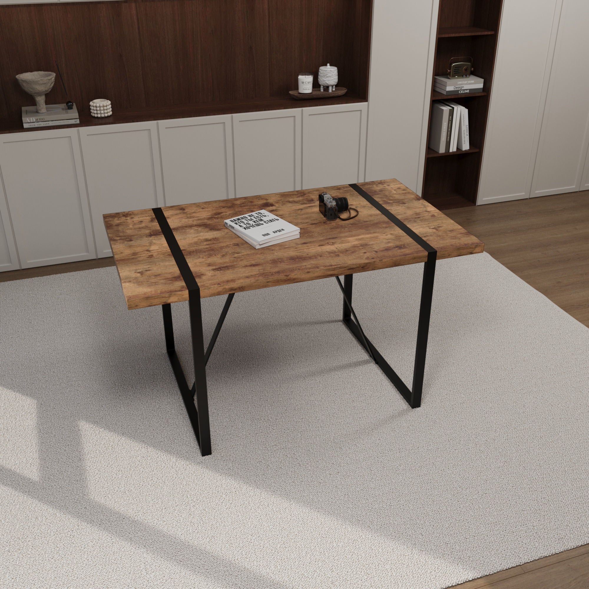 Modern Rural Industrial Dining Table, 55" Rectangular Wood With Metal Legs, Seats 4 - 6 - Wood