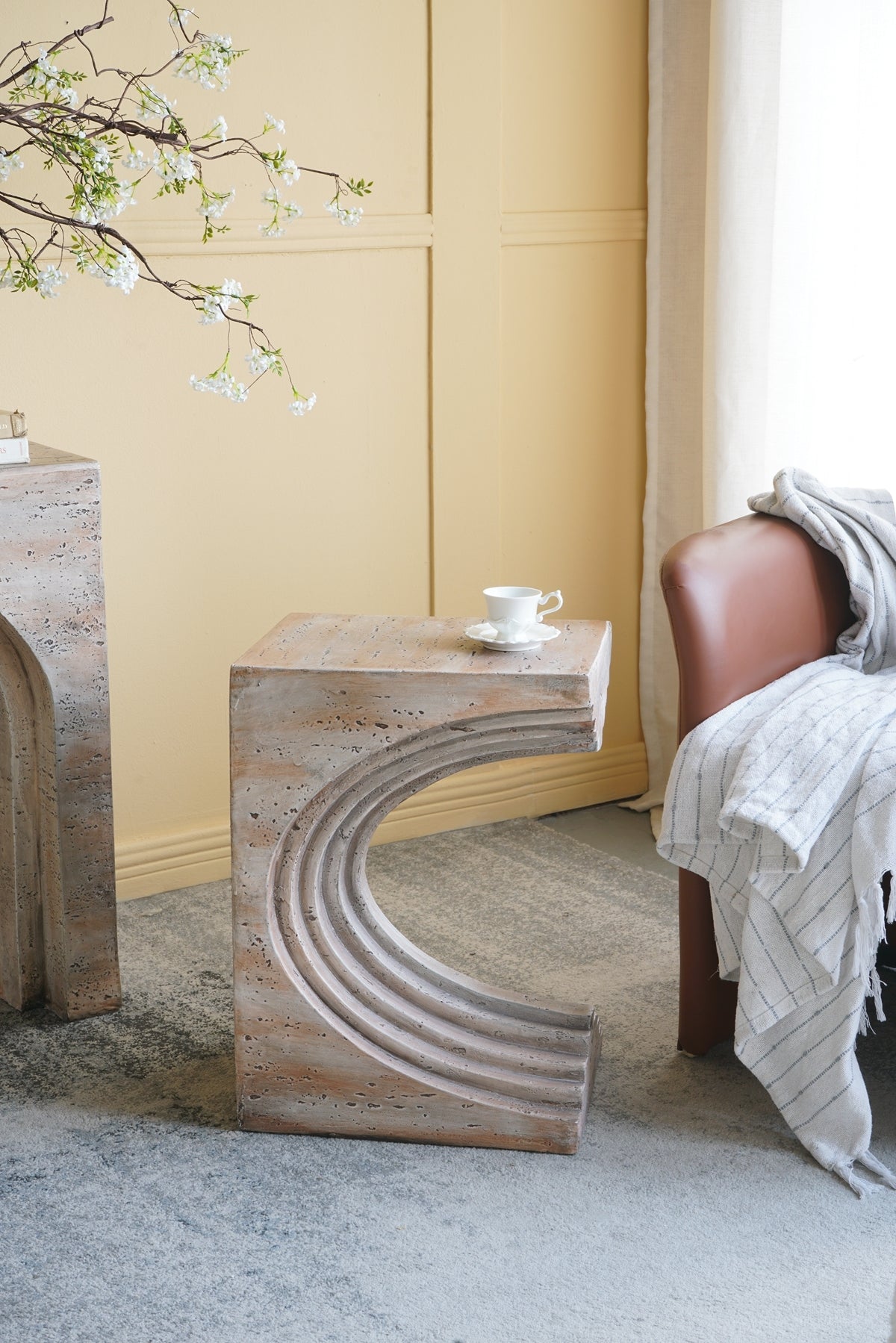 16.3x12.2x22.6 Modern Sculptural Arched Side Table with Faux Travertine Finish