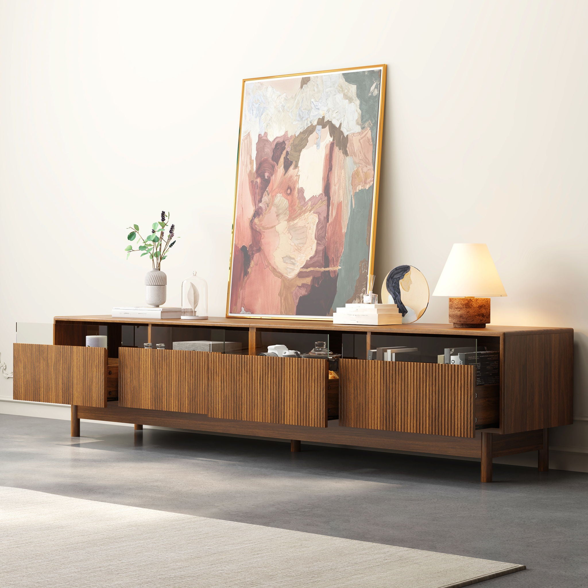 TV Stand, Entertainment Center With Fluted Drawers For Living Room - Walnut