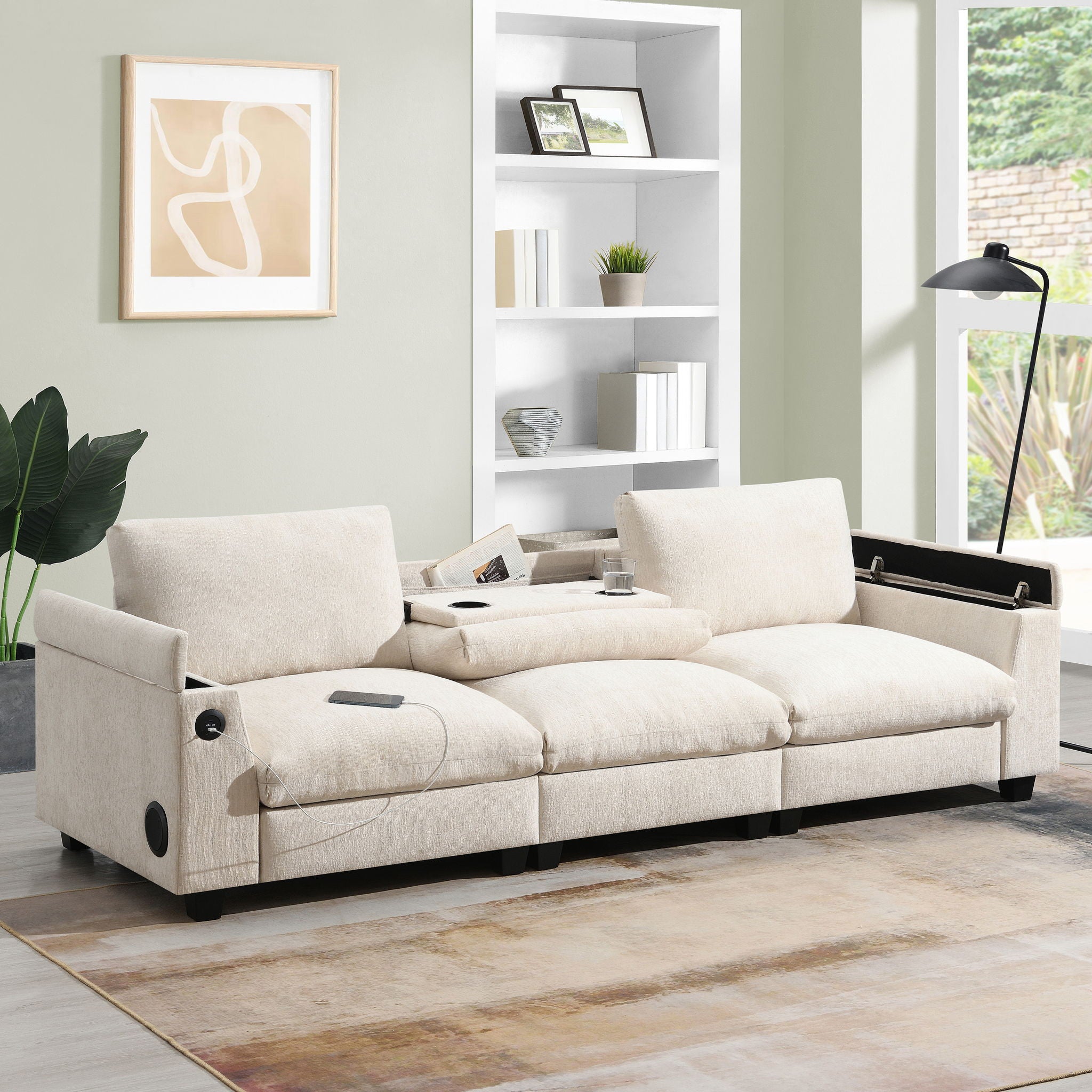 Sectional With Bluetooth Speaker Comfy Cloud Couch Set With Drop Down Table Cup Holders, USB Charger Storage Armrest Wide Seat Sofa