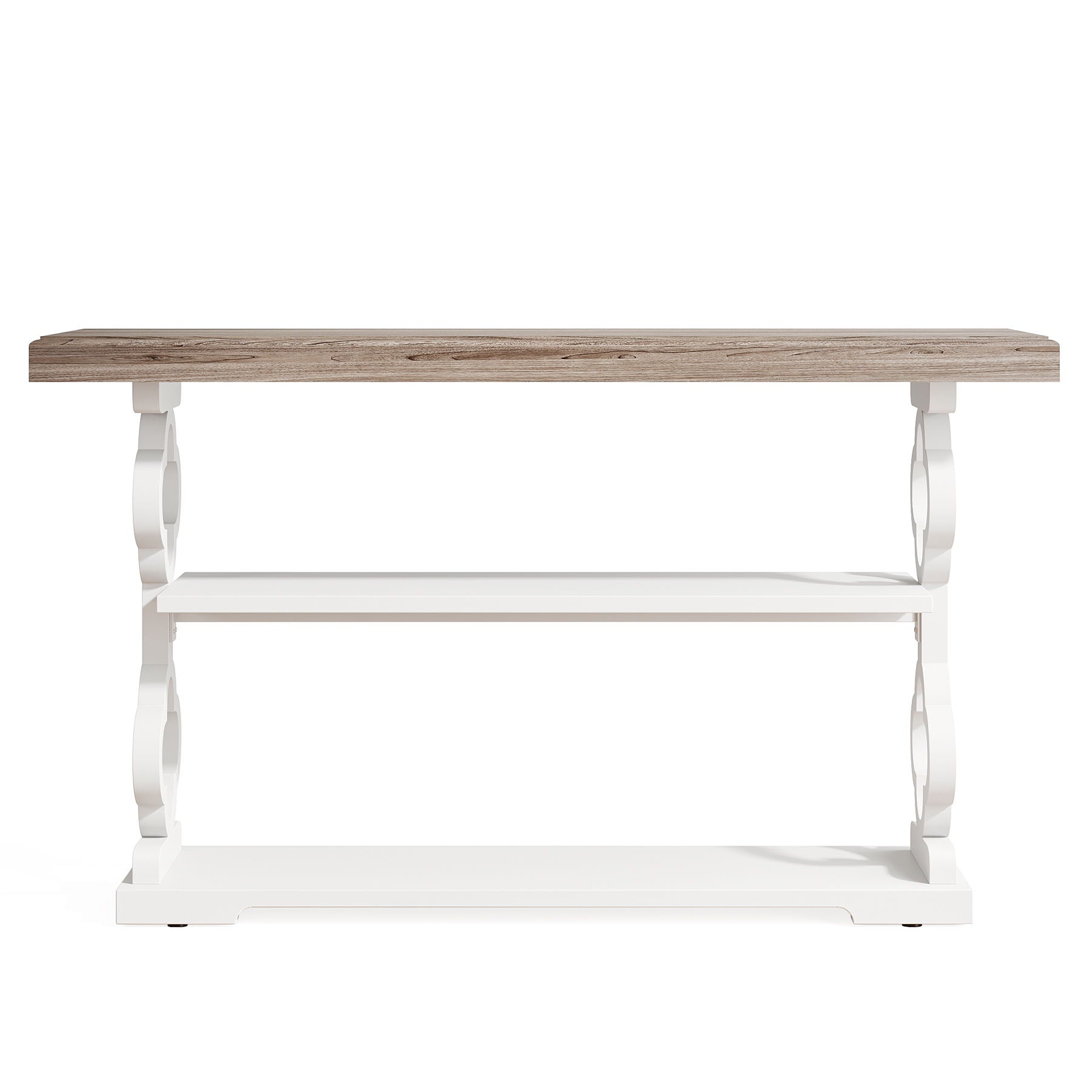 Console Sofa Table With 3 Shelves, Floral Carved Accent - Gray / White
