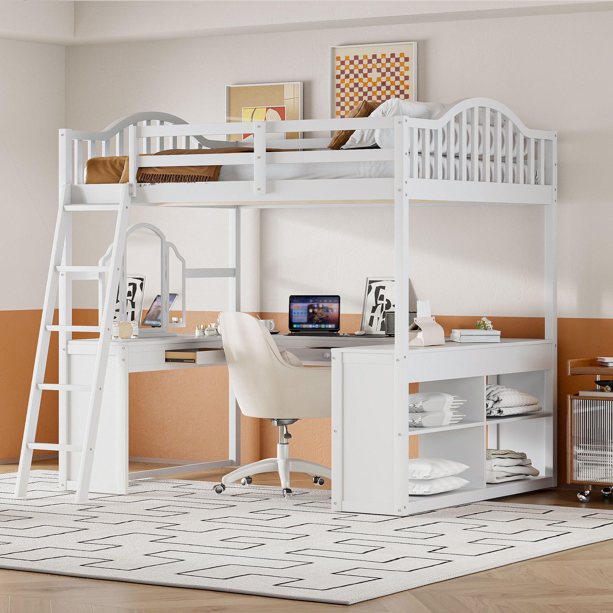 Loft Bed With Drawers, Cabinet, Shelves With Desk